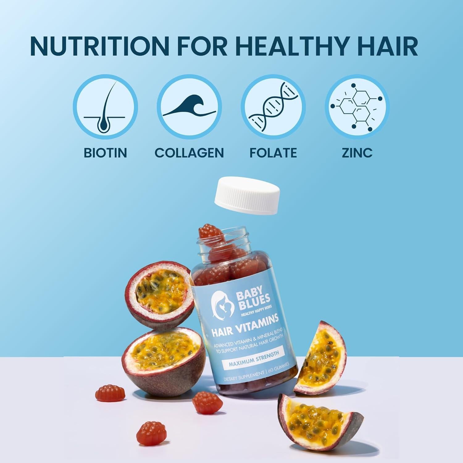 Vitaminas Postparto para Pérdida de Cabello Baby Blues - Gominolas Veganas con Biotina y Colágeno