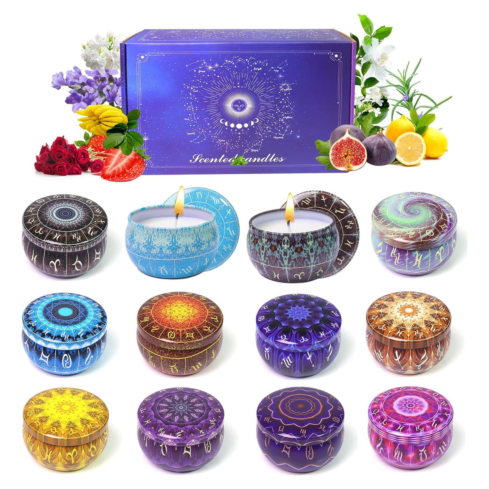 Juego de 12 Velas Aromáticas Zodiacales HOFOGOTOWIN - Cera de Soja, 120H Quema