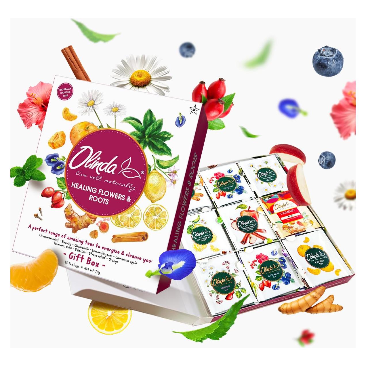 Caja de Regalo de Tés Curativos Olinda - 45 Bolsitas de 9 Variedades