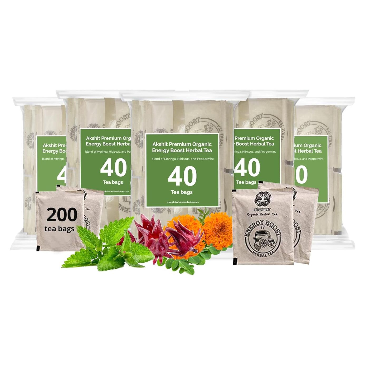 Té Energético Natural Akshit - 40 Bolsitas con Moringa, Hibisco y Menta