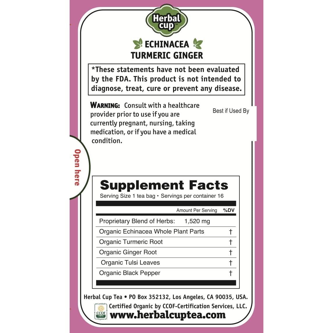 Té Herbal Cup Echinacea, Cúrcuma y Jengibre Orgánico 6 Paquetes