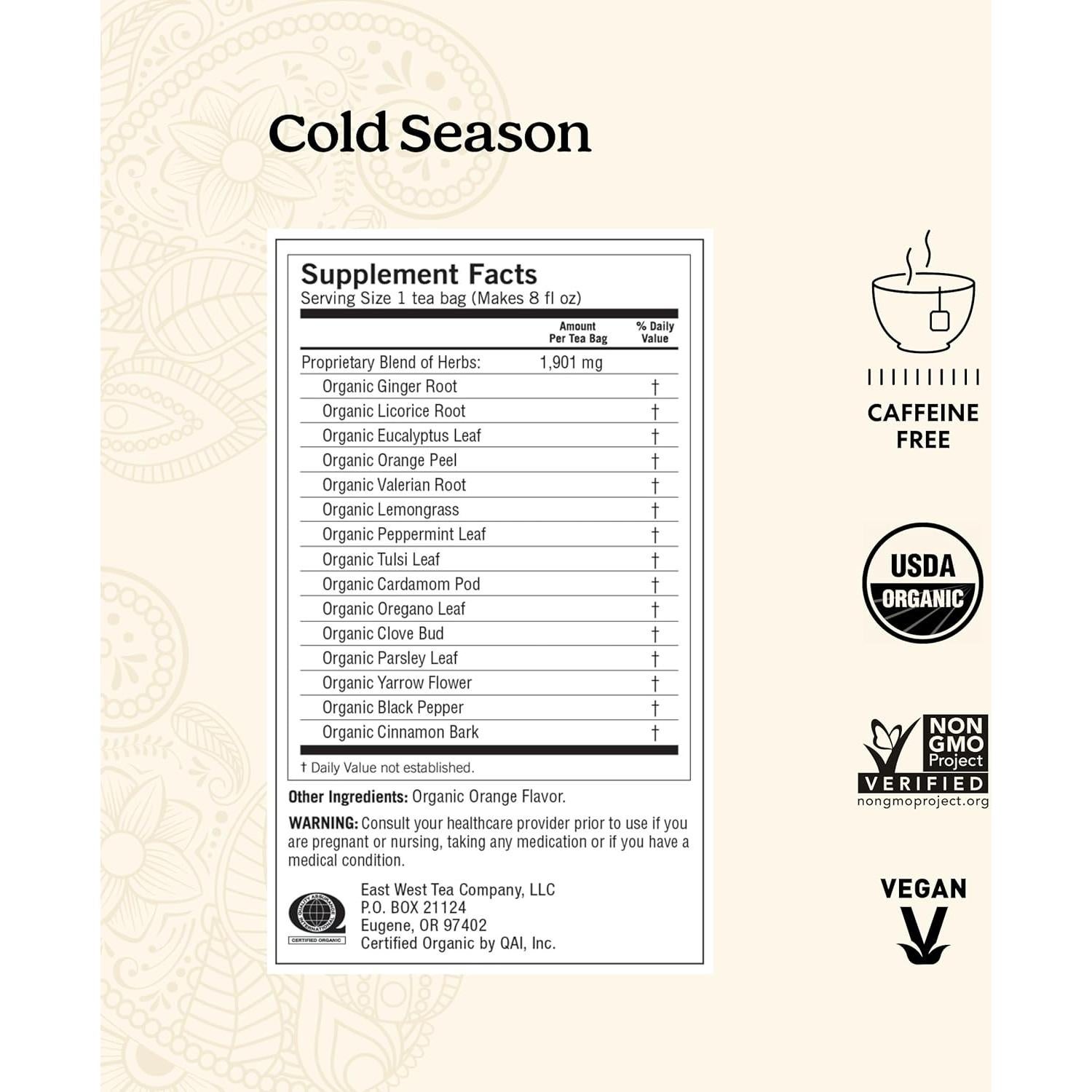 Paquete de Té Orgánico Yogi - Frío y Sueño - 64 Bolsitas