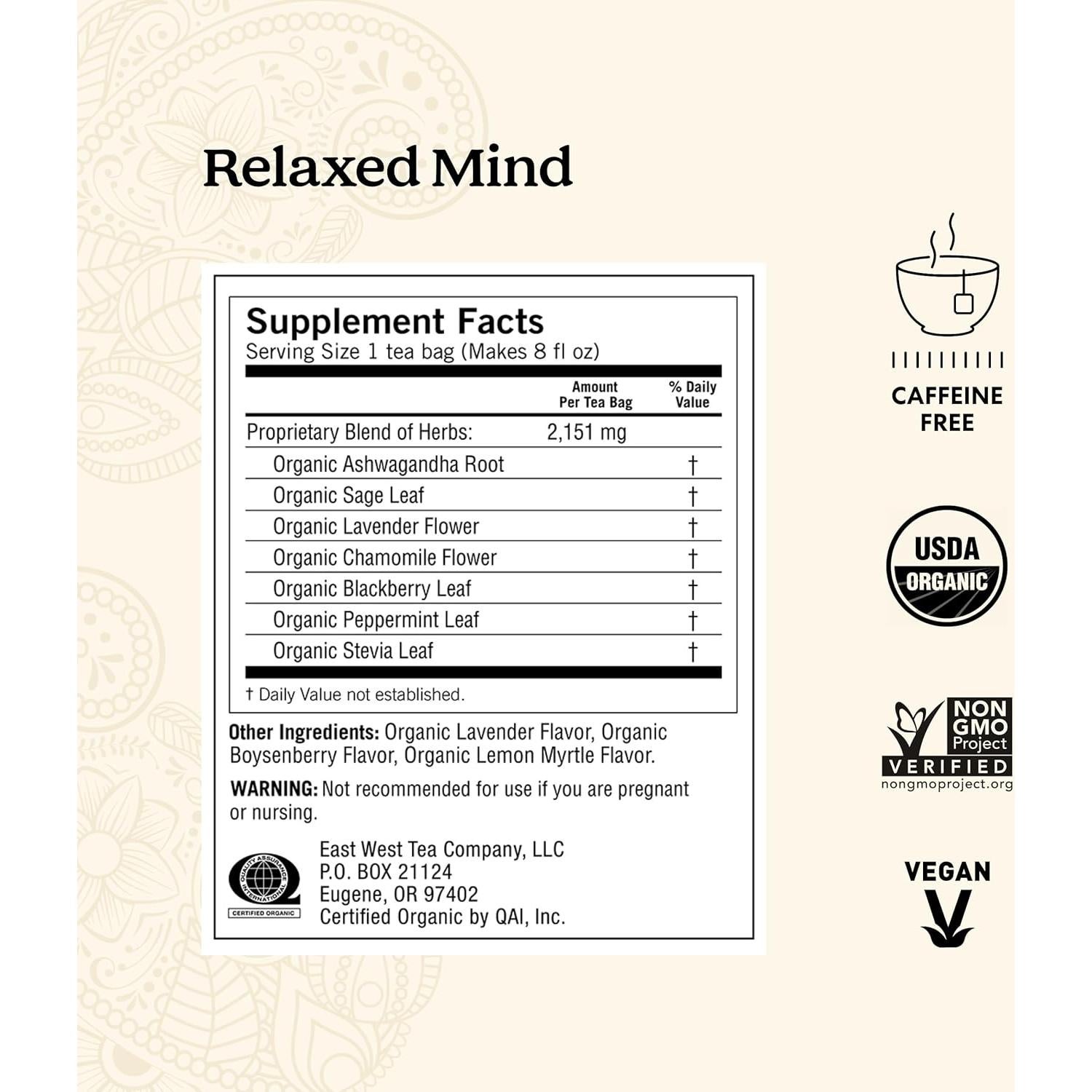 Té Orgánico Yogi Relaxed Mind - 64 Bolsitas - Calmante y Relajante