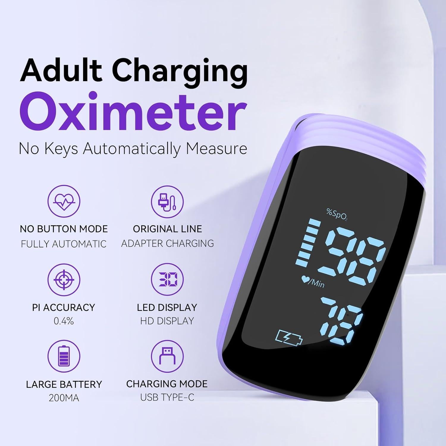 Oxímetro de Pulso Manhero OLED Recargable con Alarma Púrpura