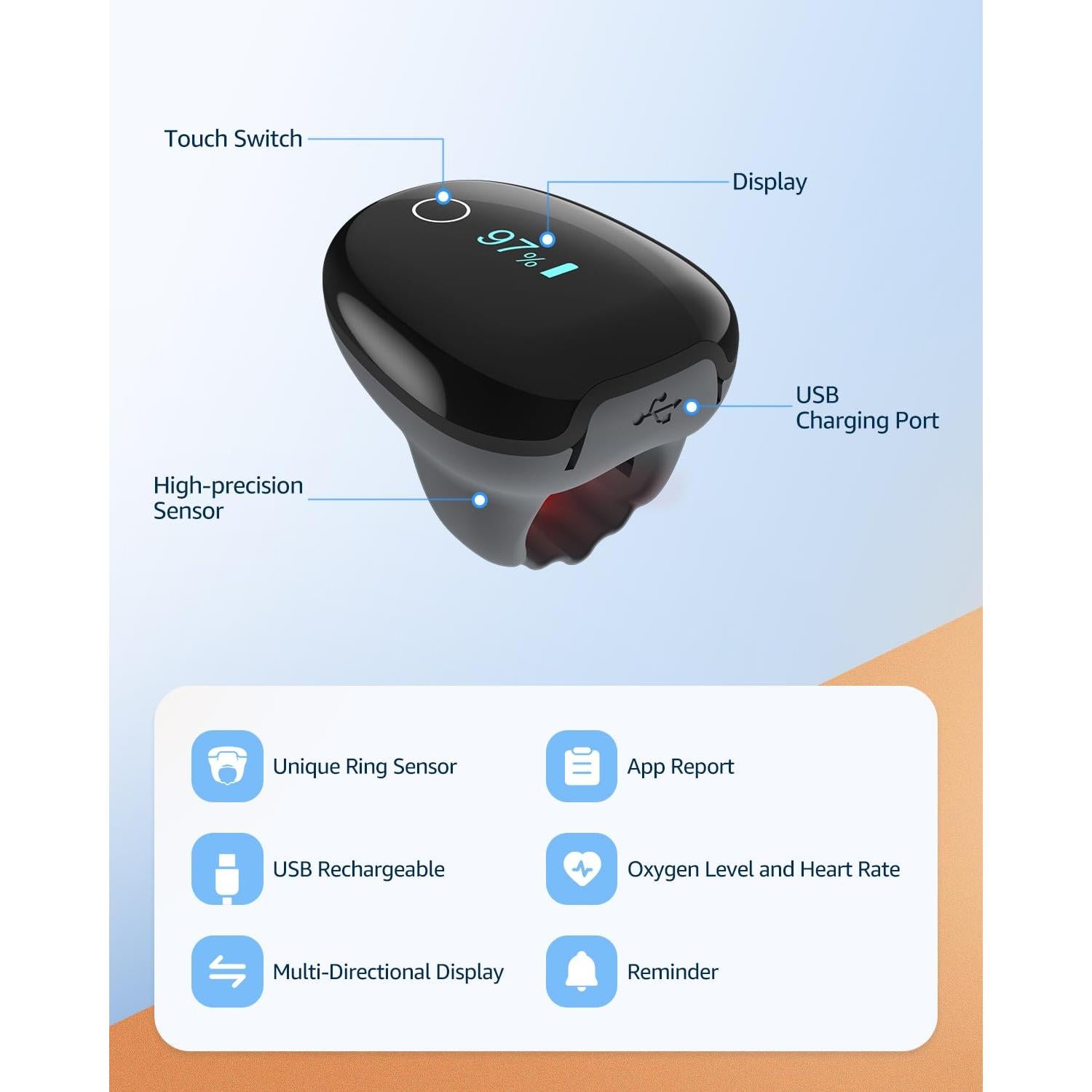 Oxímetro de Pulso MugaTree en Forma de Anillo con APP