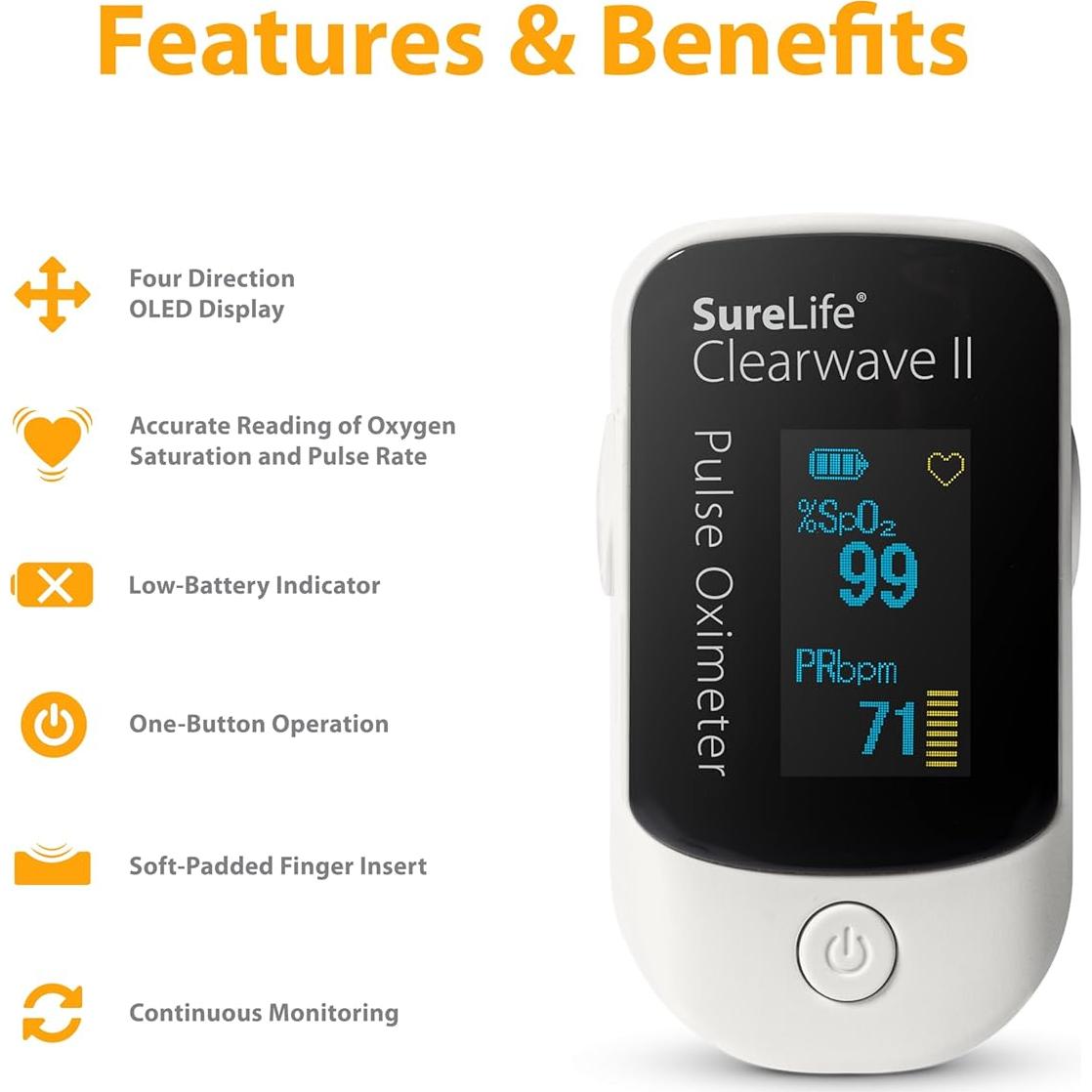 Oxímetro de Pulso SureLife Clearwave II con Pantalla OLED