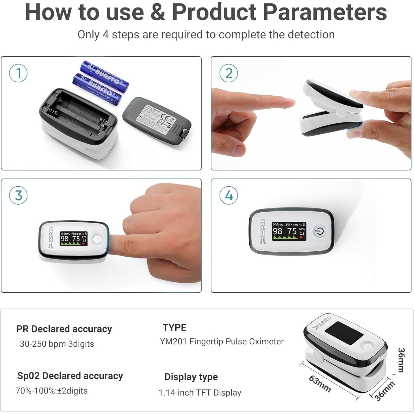 Oxímetro de Pulso de Dedo ESPOO YM201 - Monitor de Oxígeno