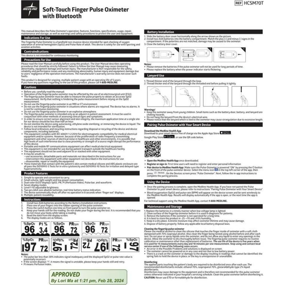 Oxímetro de Pulso Bluetooth Medline HCSM70T con Pantalla OLED