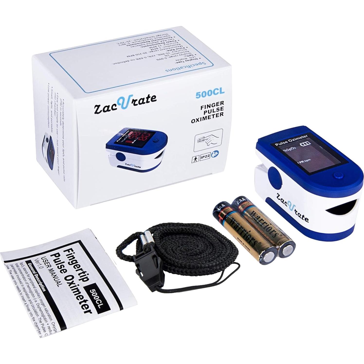 Oxímetro de Pulso Zacurate 500CL con Pantalla LED y Baterías