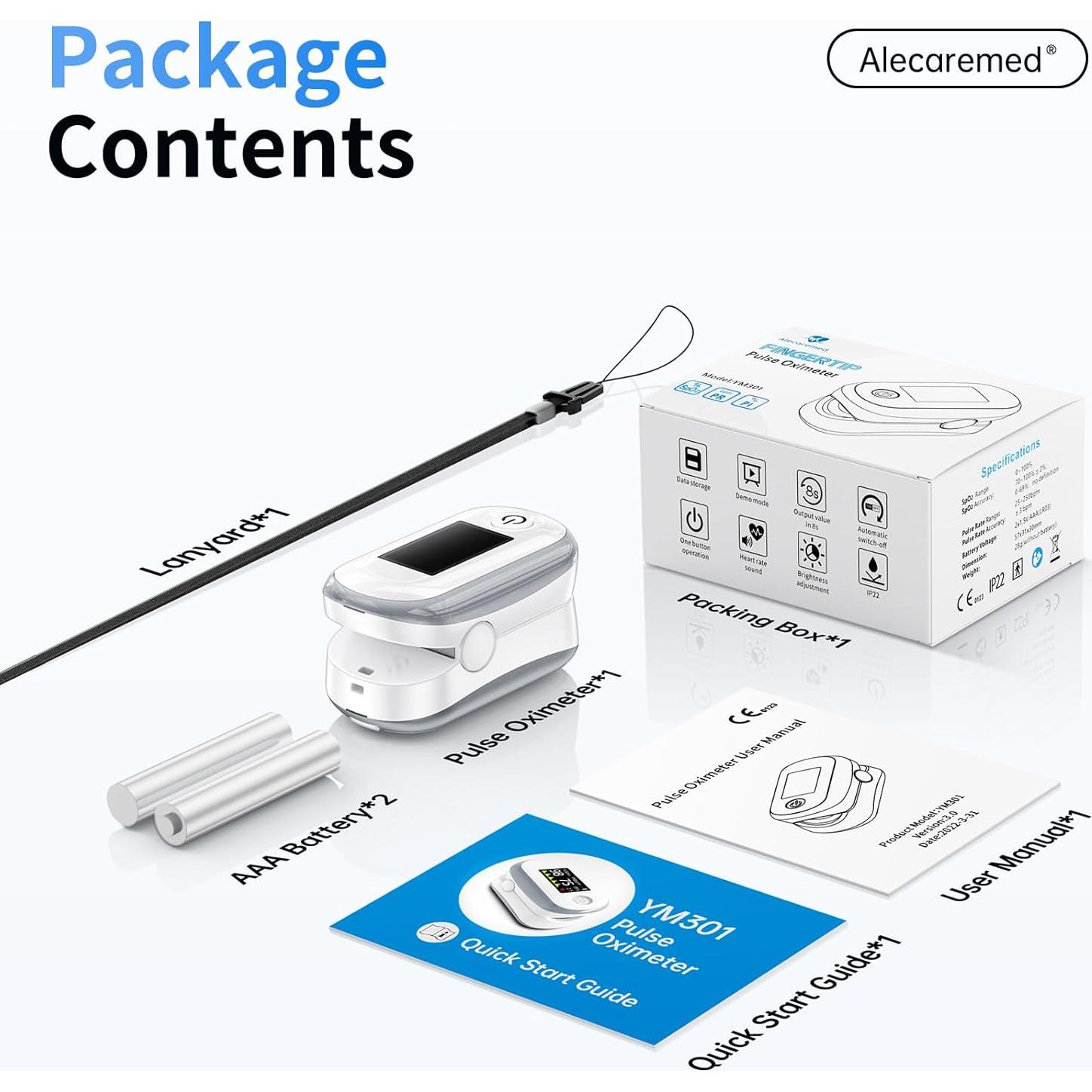 Oxímetro de Pulso Alecaremed YM301 con Pantalla TFT y Memoria