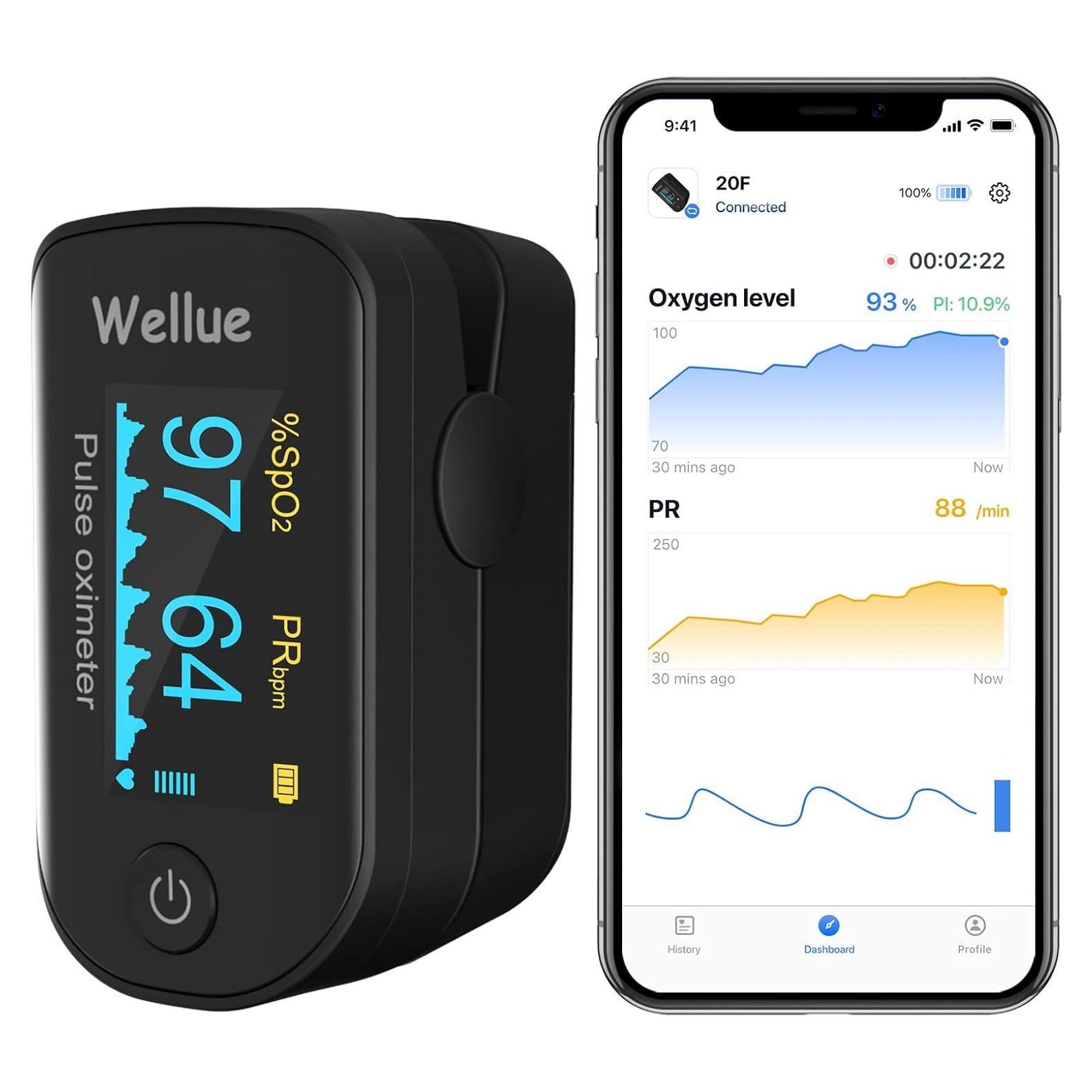 Oxímetro de Pulso Wellue Bluetooth con Pantalla OLED y Baterías