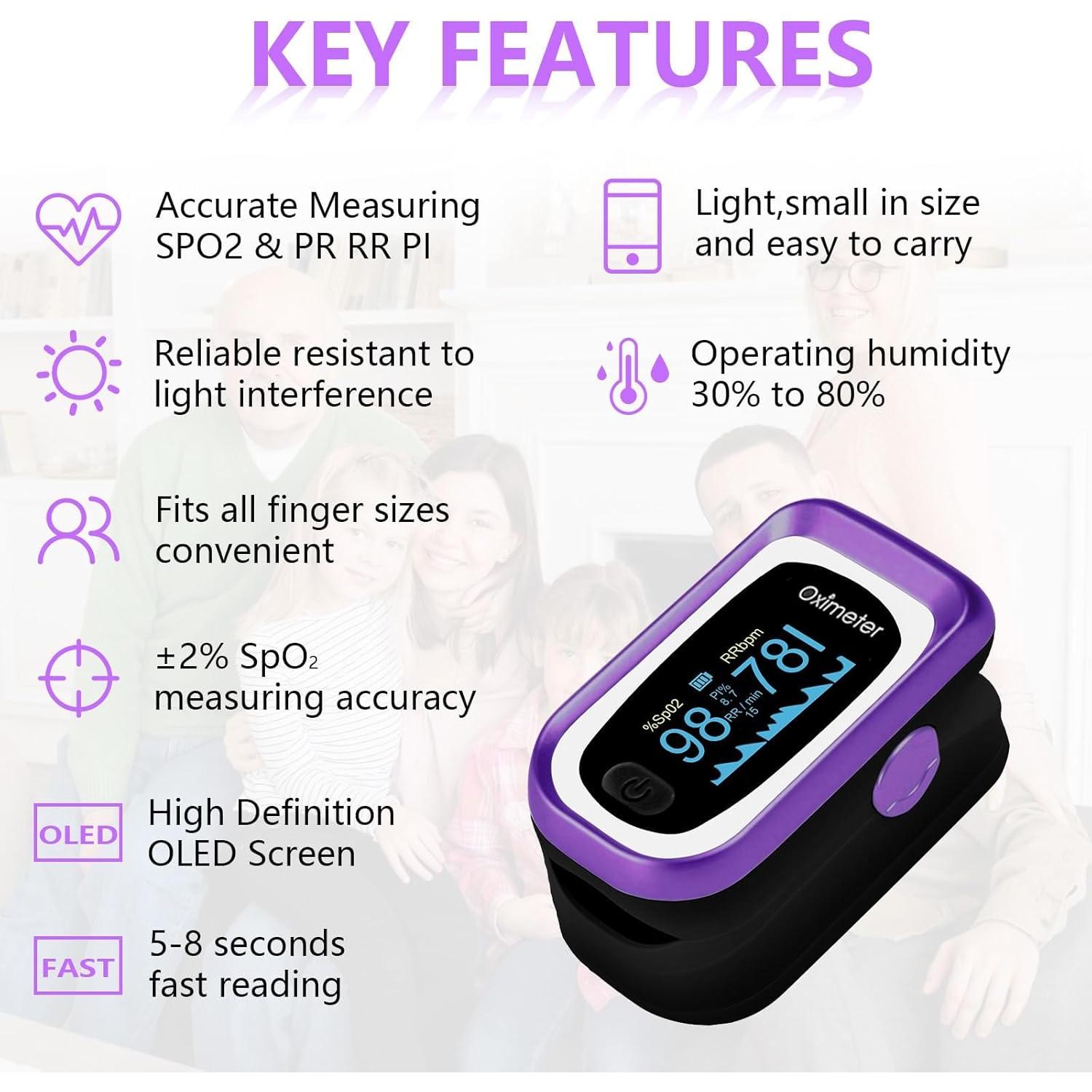 Oxímetro de Pulso Manhero Negro Púrpura con Tasa de Respiración