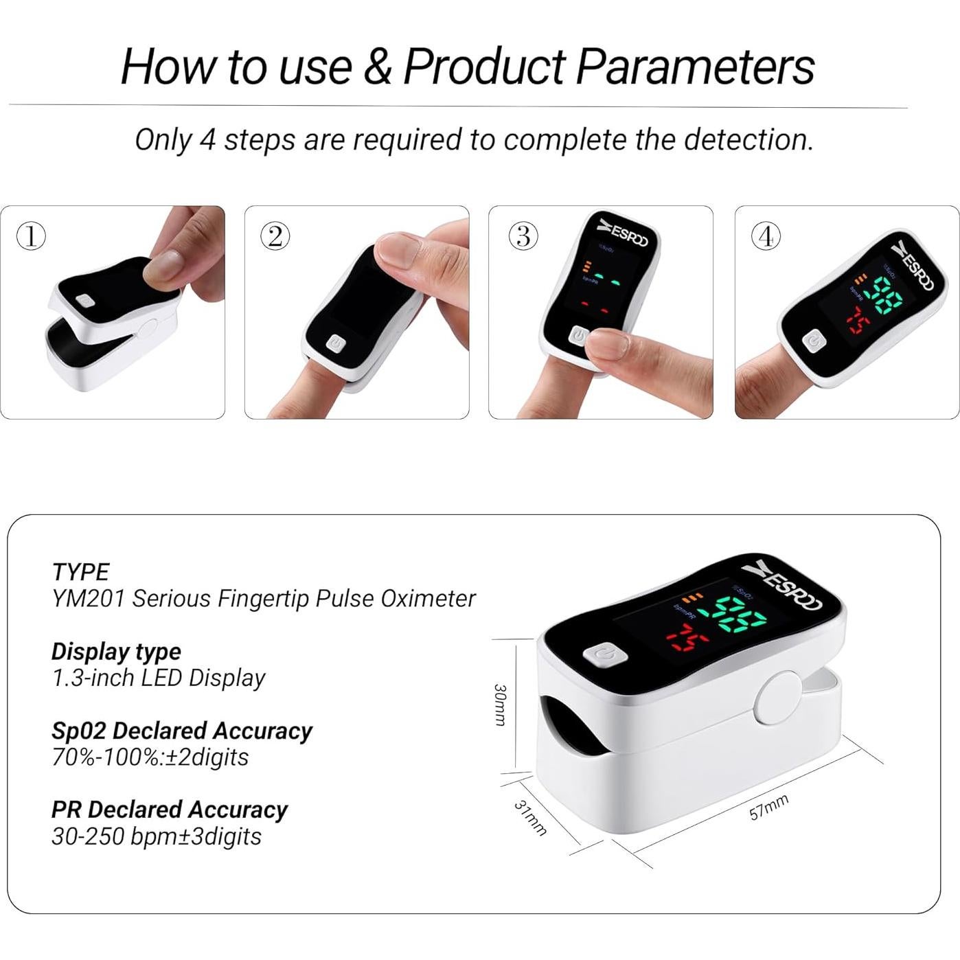 Oxímetro de Pulso ESPOO YM102 con Pantalla LED y 2 Pilas AAA