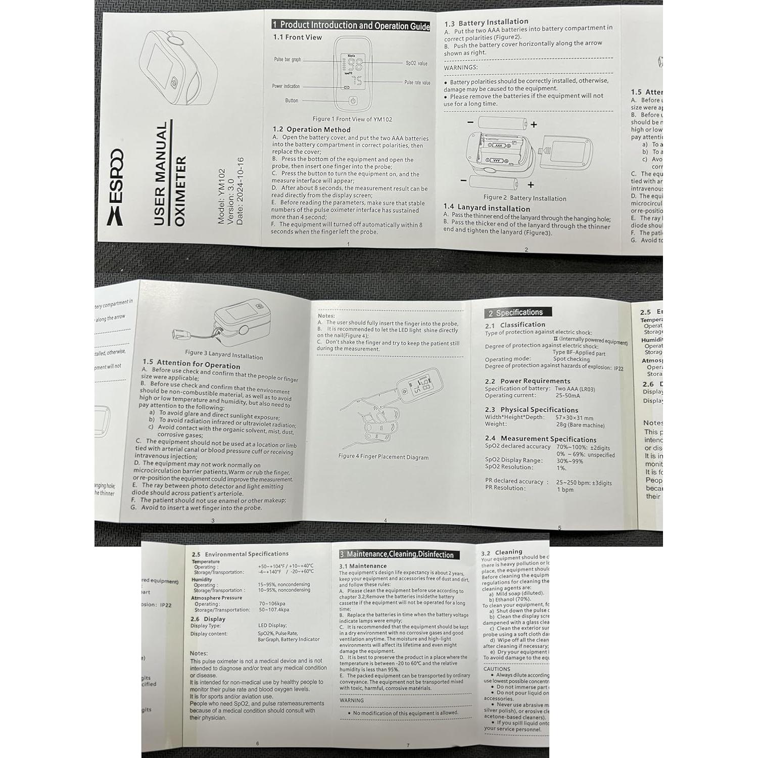 Oxímetro de Pulso ESPOO YM102 con Pantalla LED y 2 Pilas AAA