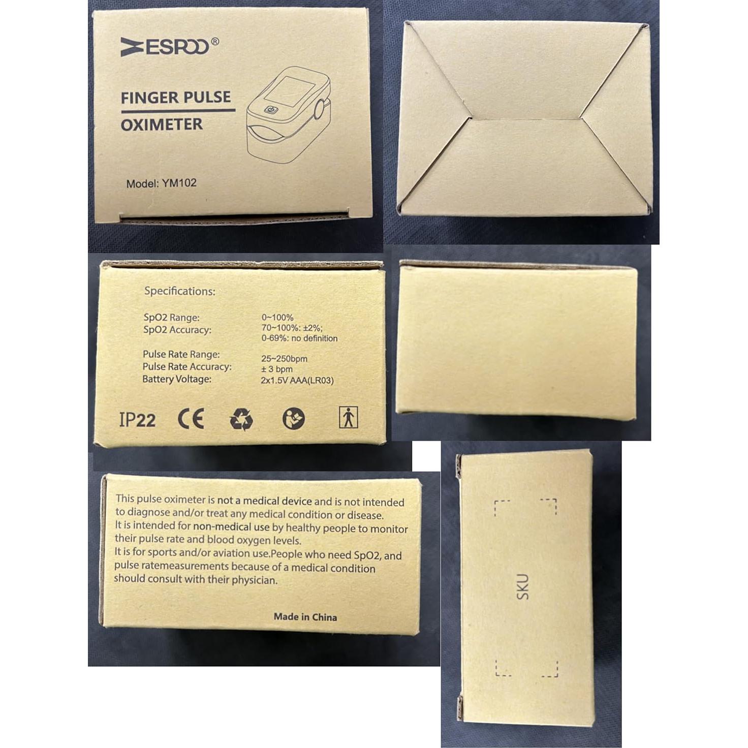 Oxímetro de Pulso ESPOO YM102 con Pantalla LED y 2 Pilas AAA