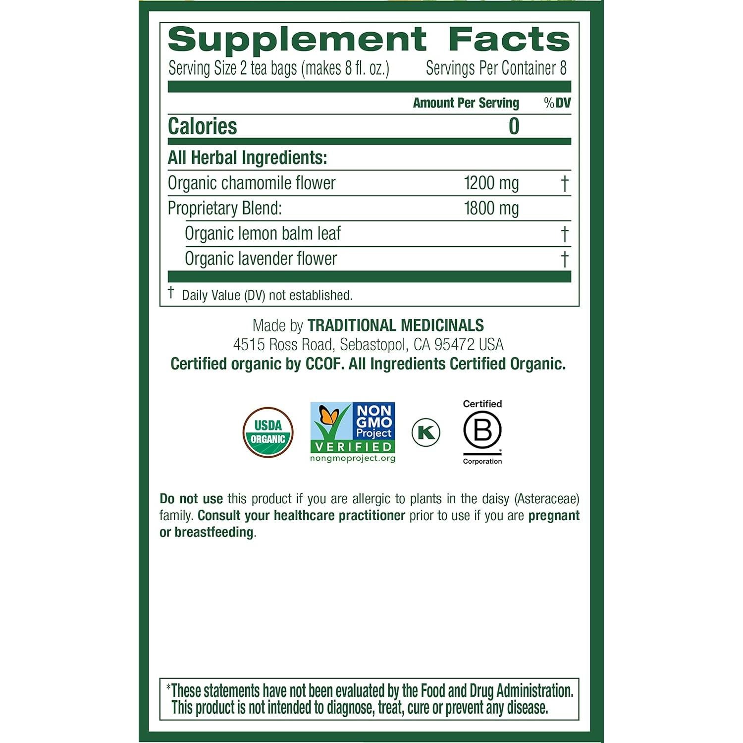 Té de hierbas orgánico Traditional Medicinals 16 bolsas manzanilla lavanda