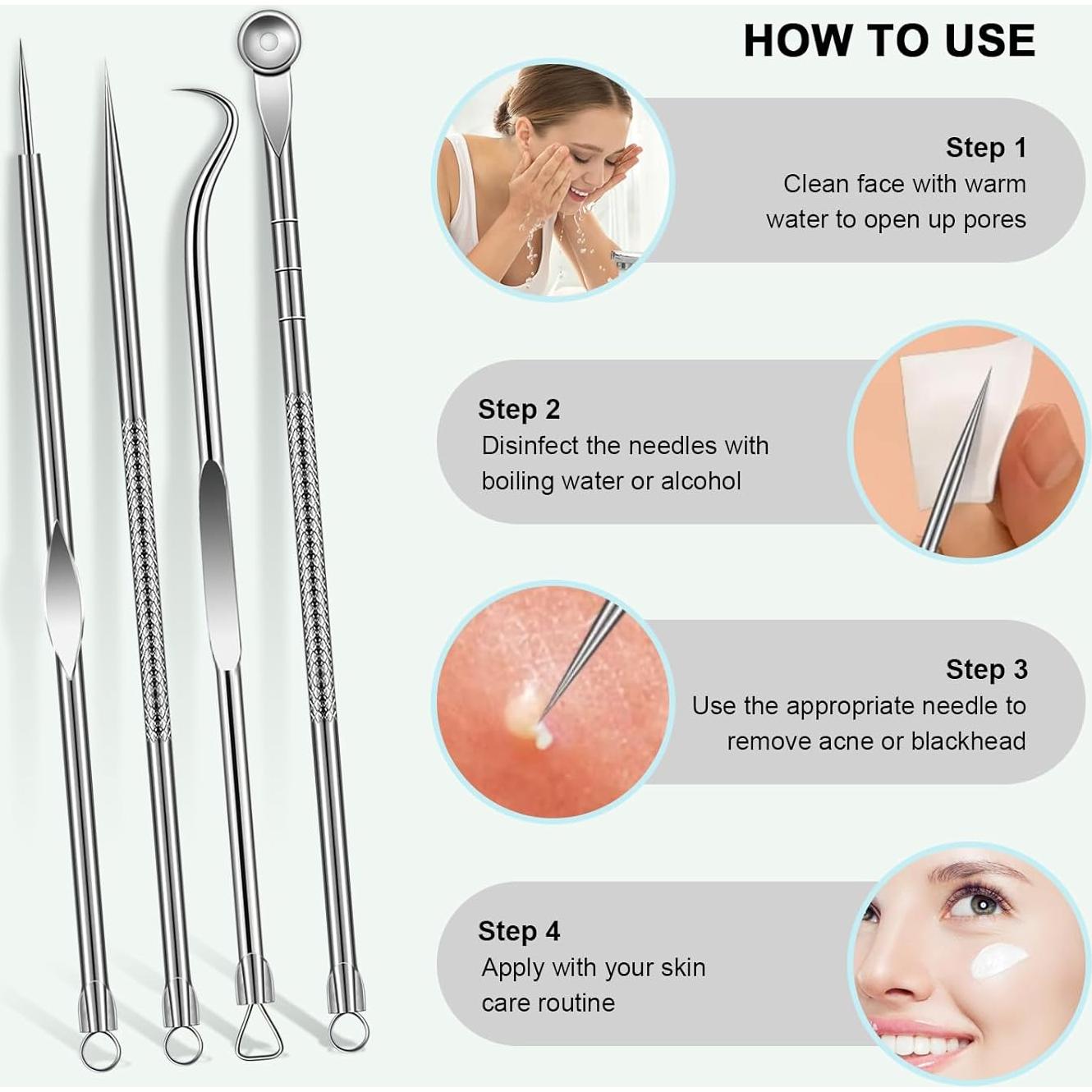 Professional Stainless Steel Acne Needle Kit - 4-Piece Blackhead & Pimple Extractor Set for Acne, Comedones & Blemish Removal - Skin Care Tools.