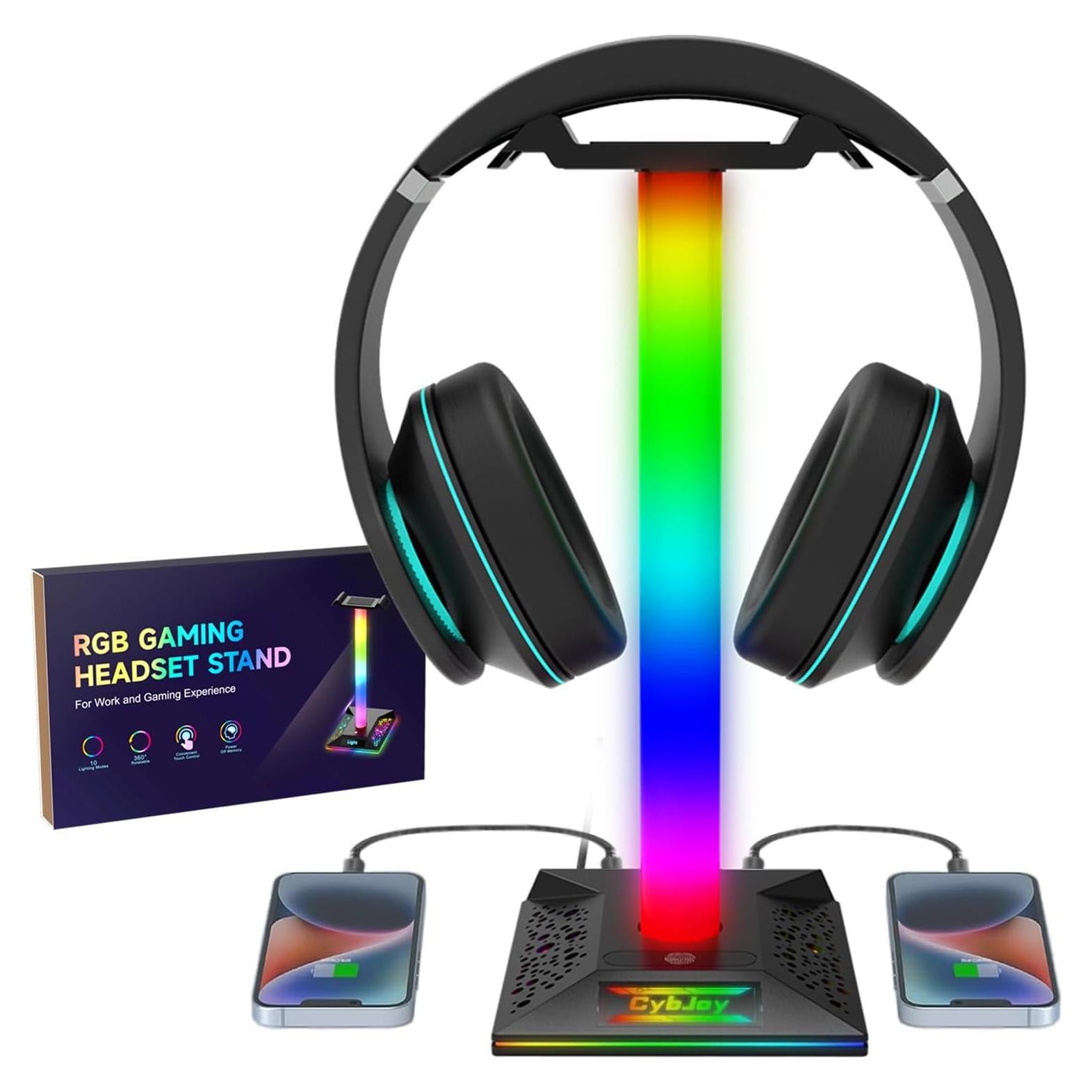 Soporte para Auriculares RGB CybJoy con 2 Puertos USB y Luz