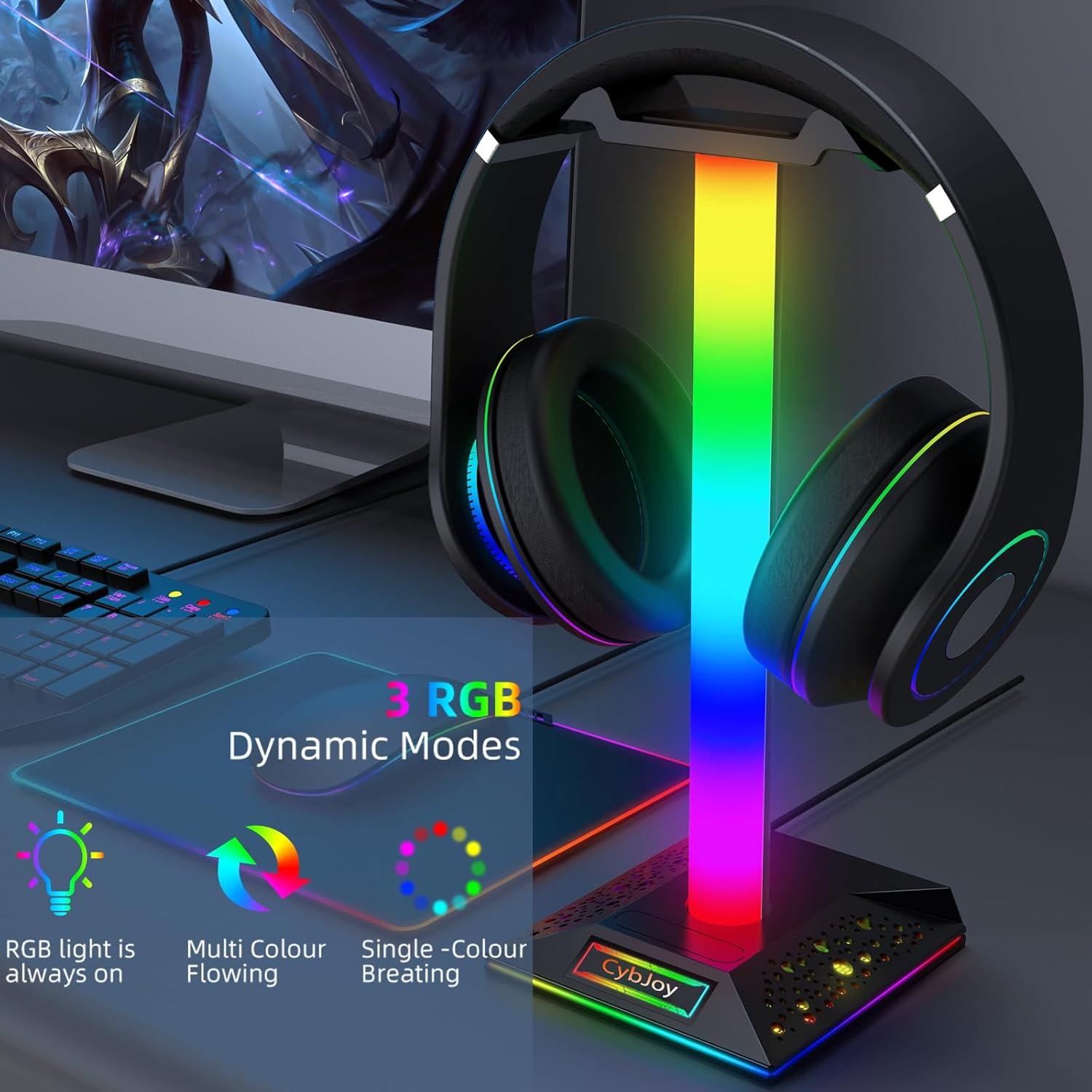 Soporte para Auriculares RGB CybJoy con 2 Puertos USB y Luz