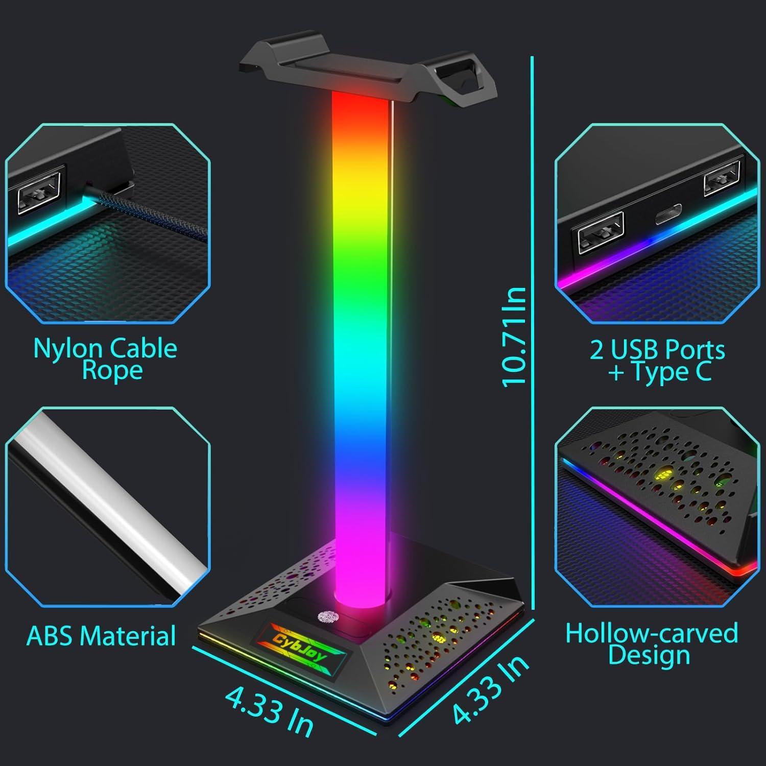Soporte para Auriculares RGB CybJoy con 2 Puertos USB y Luz