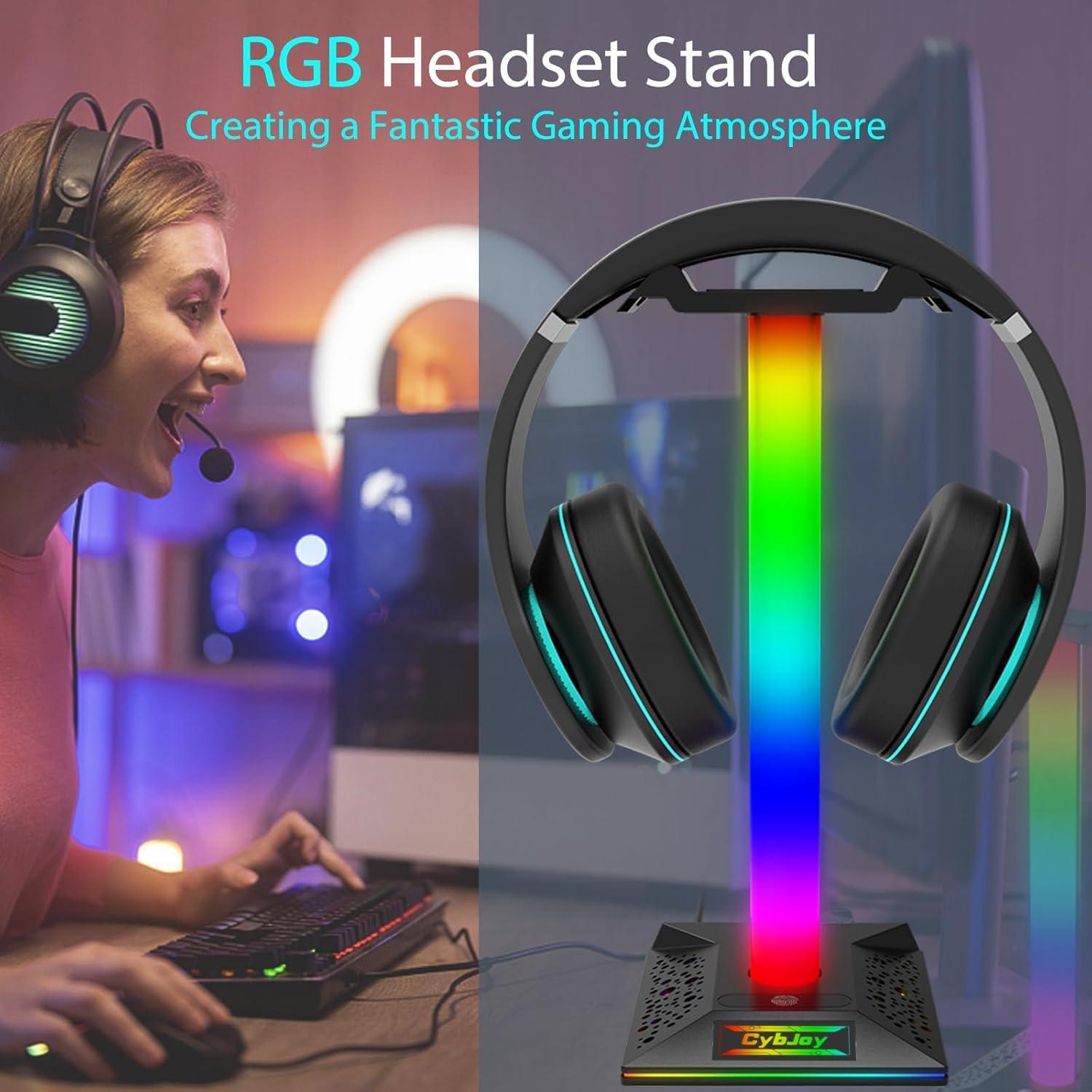 Soporte para Auriculares RGB CybJoy con 2 Puertos USB y Luz