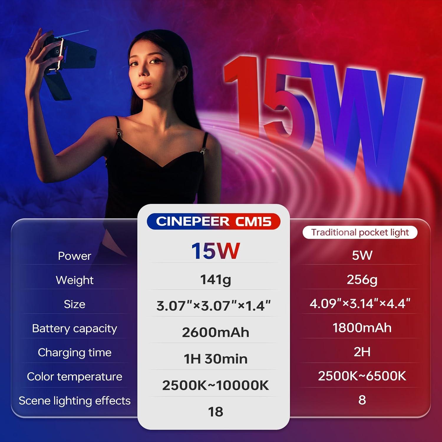 ZHIYUN CINEPEER CM15 Luz de Video RGB 15W 400g Recargable