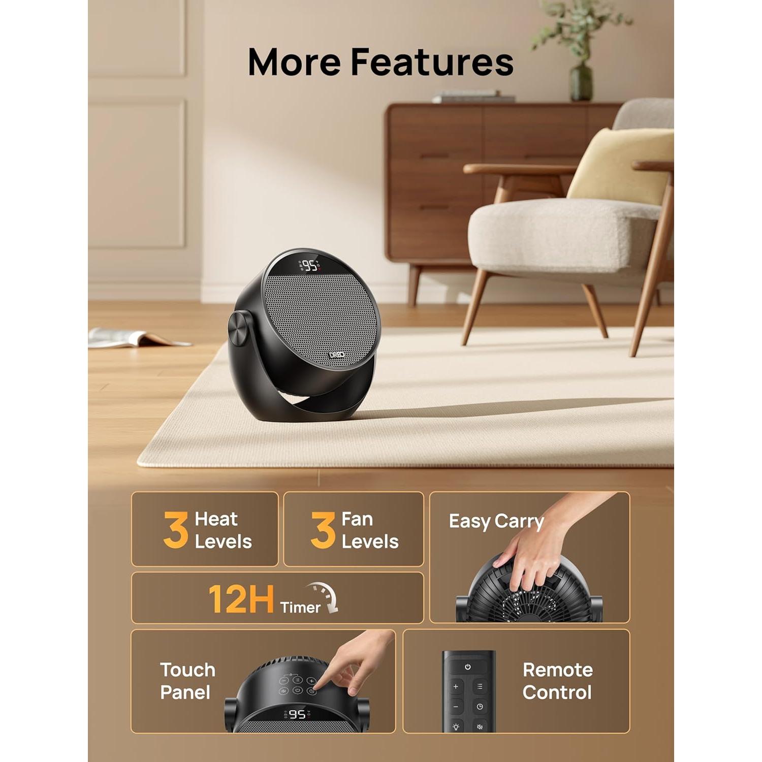 Calentador Eléctrico Dreo 1500W Portátil Negro con Control Remoto