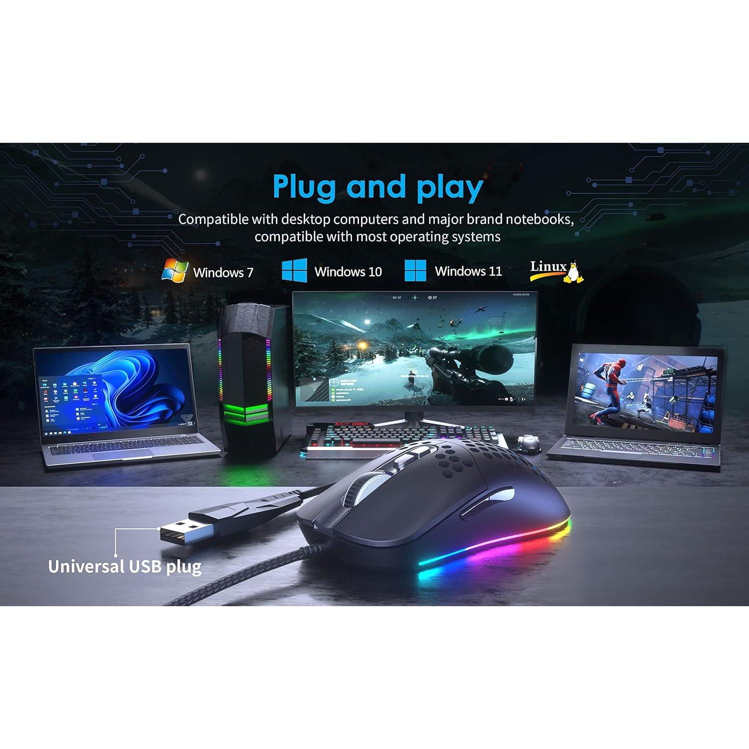 Ratón Gaming CYD C306, Ergonómico con RGB 12800 DPI