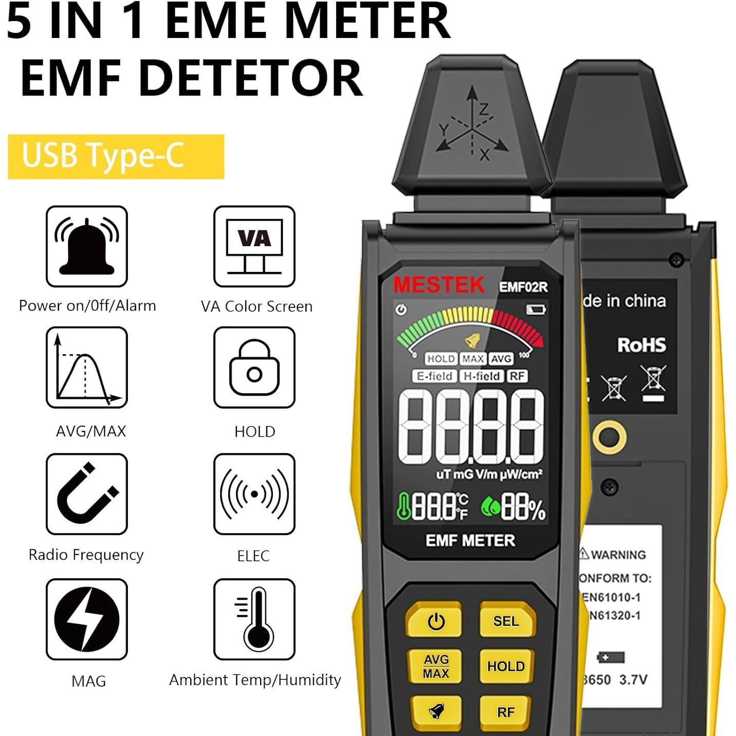 Medidor de Radiación EMF MESTEK 5 en 1 Recargable