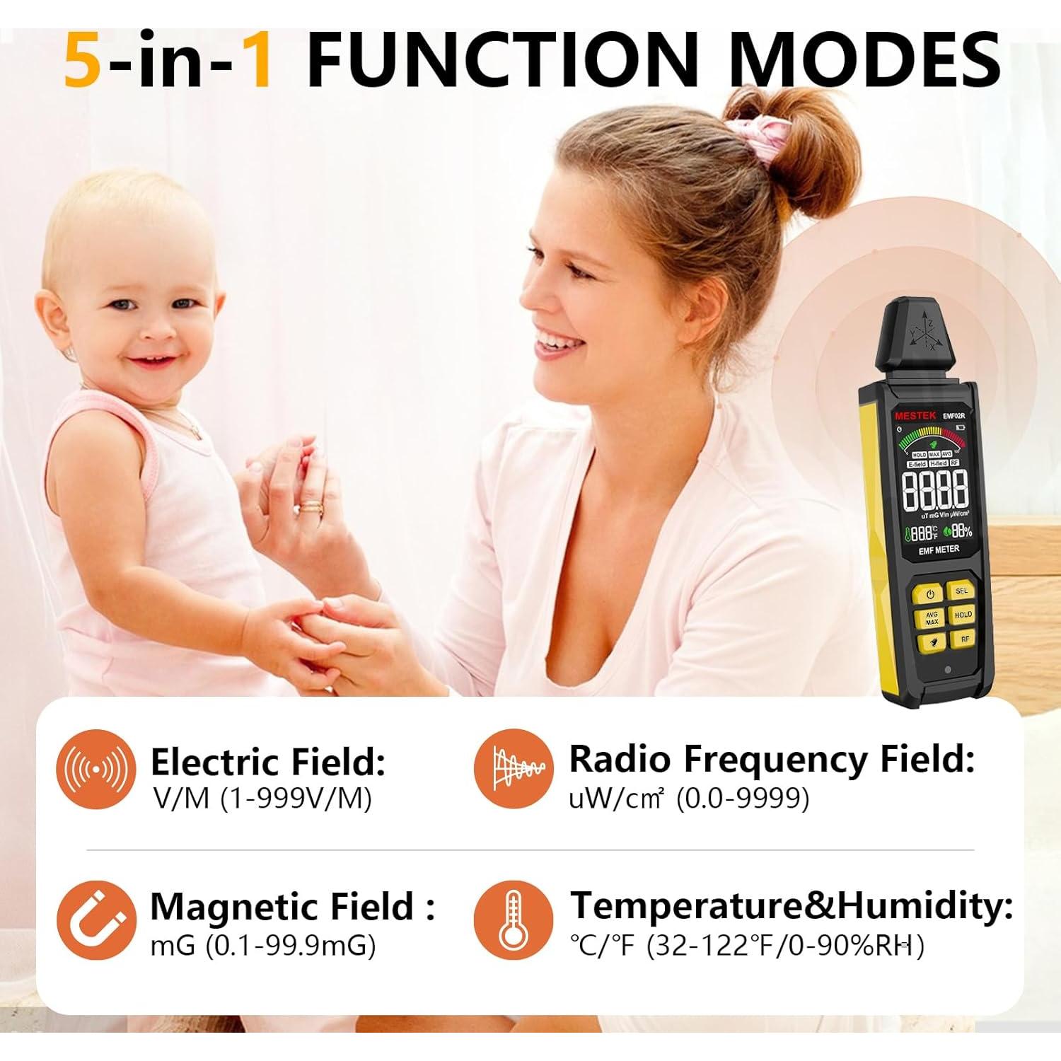 Medidor de Radiación EMF MESTEK 5 en 1 Recargable