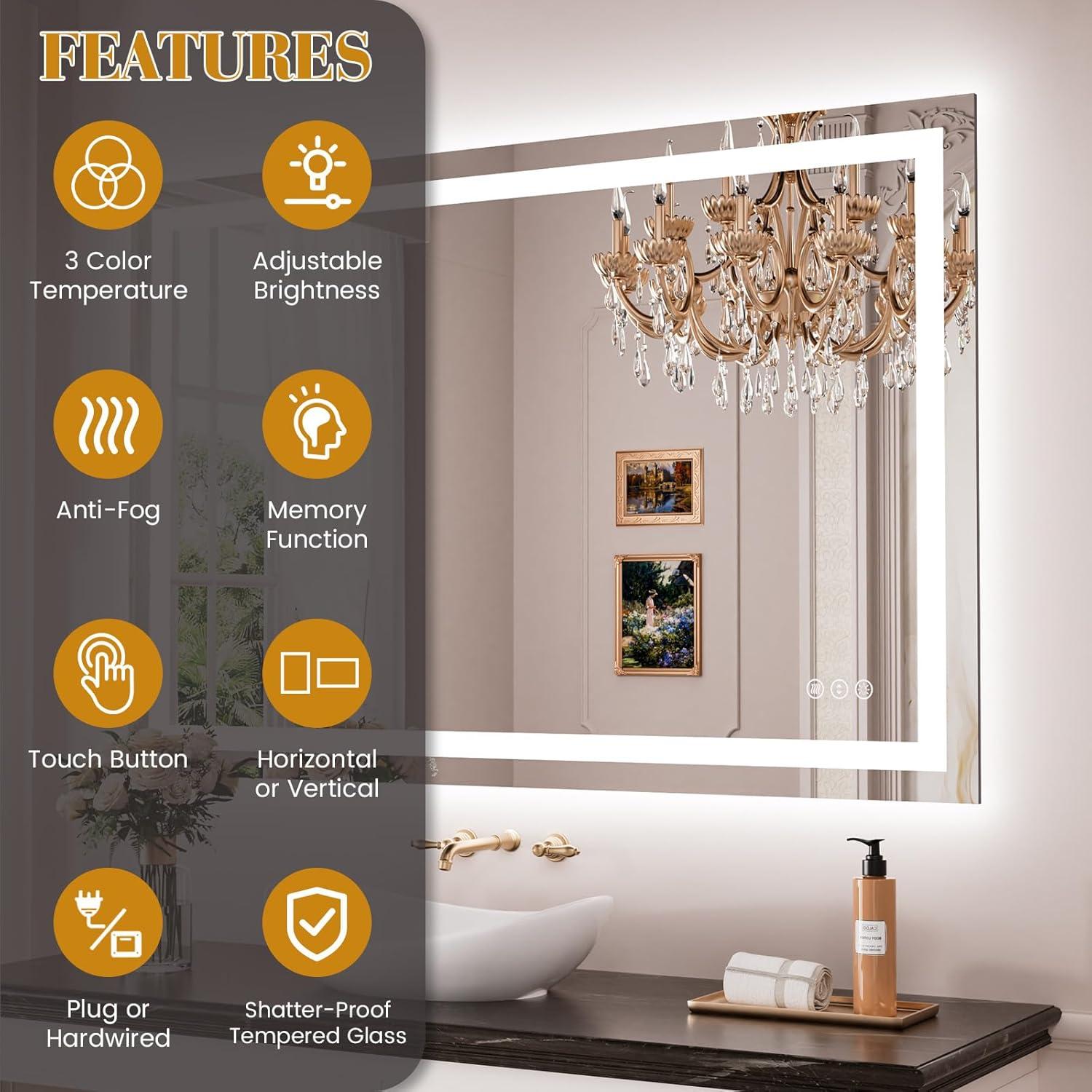 Espejo de Baño LED JISOSO 61x81cm Anti-vaho Regulable