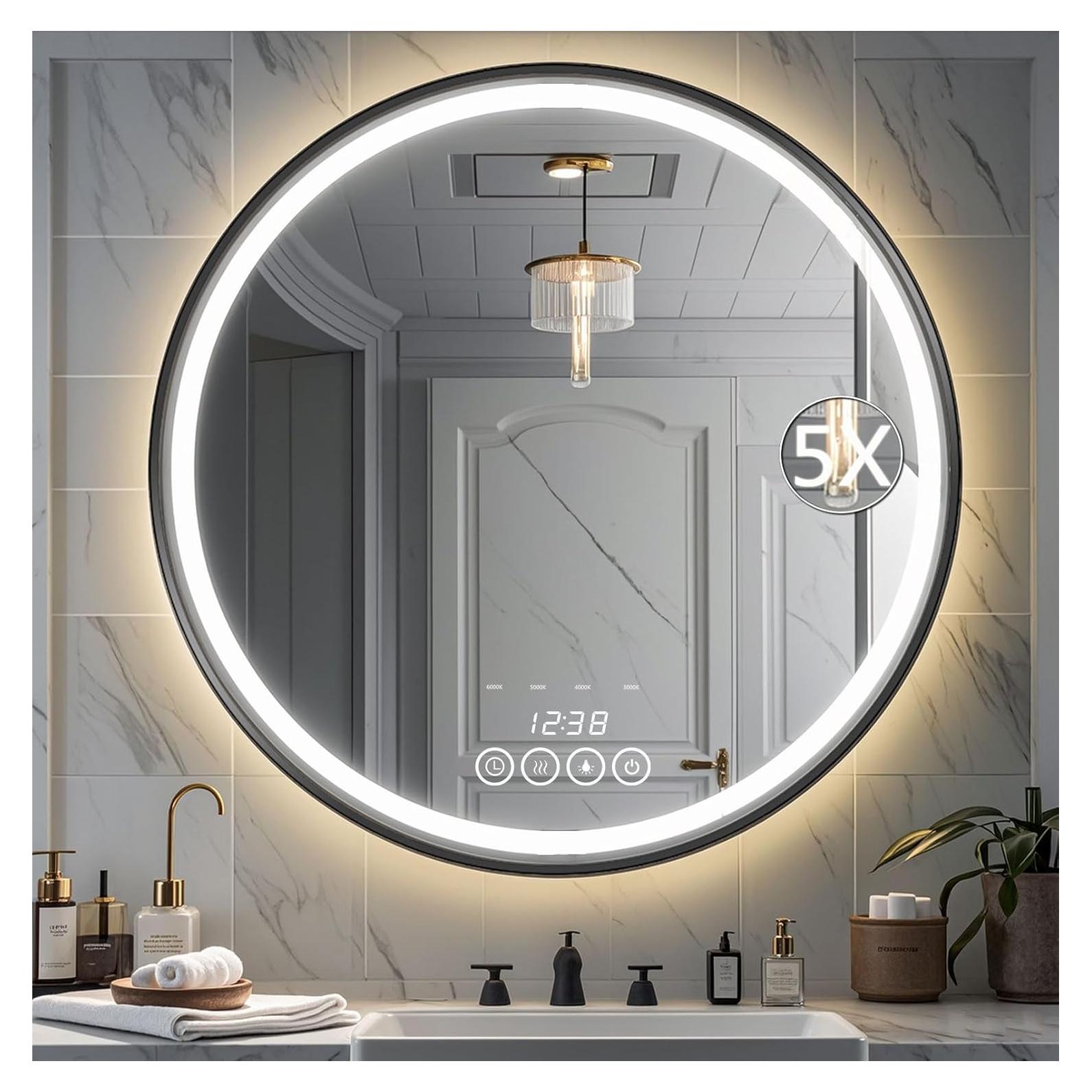 Espejo de Baño LED Redondo 61 cm Msrorriw Negro con Anti-vaho