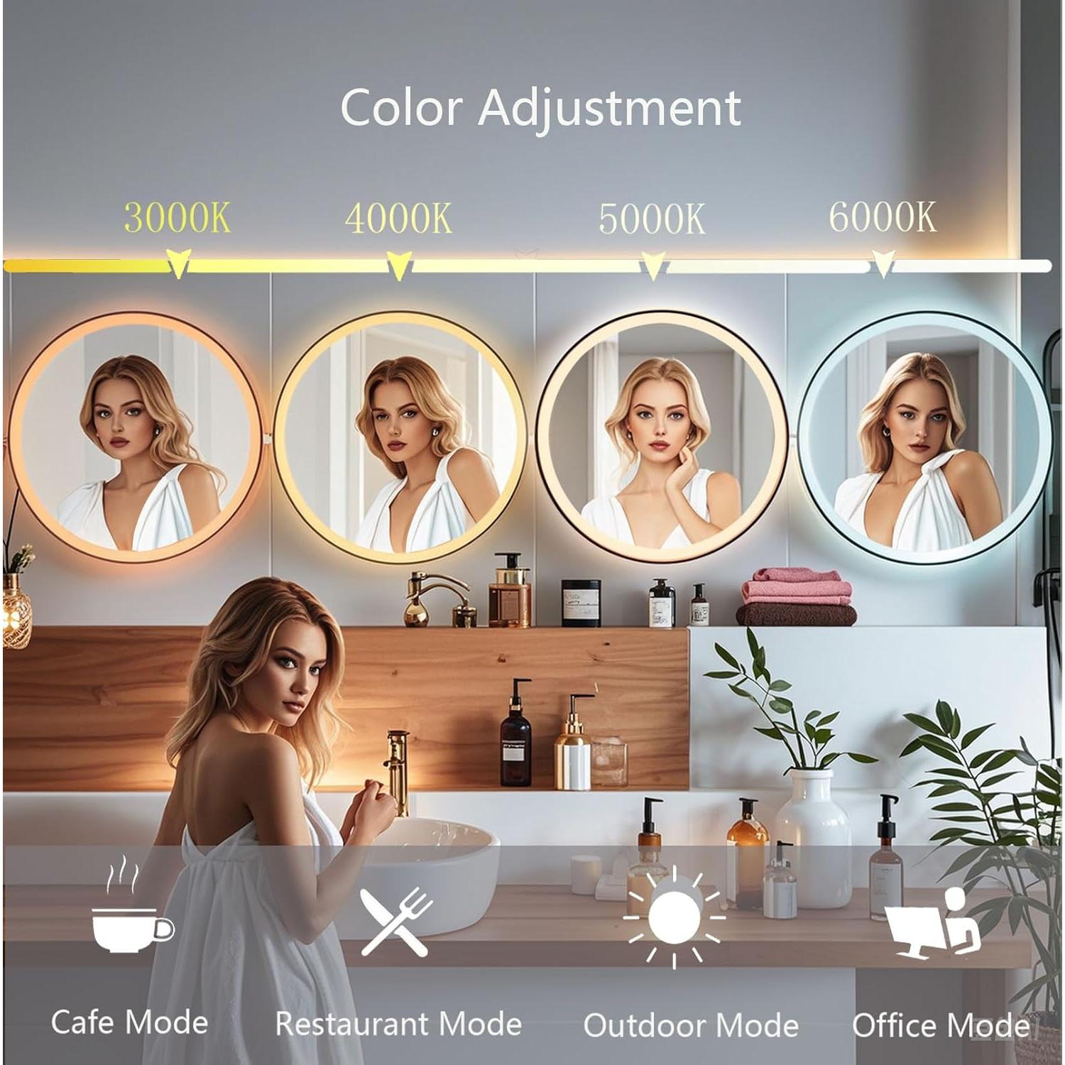 Espejo de Baño LED Redondo 61 cm Msrorriw Negro con Anti-vaho