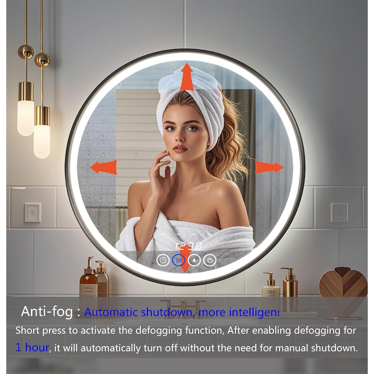 Espejo de Baño LED Redondo 61 cm Msrorriw Negro con Anti-vaho