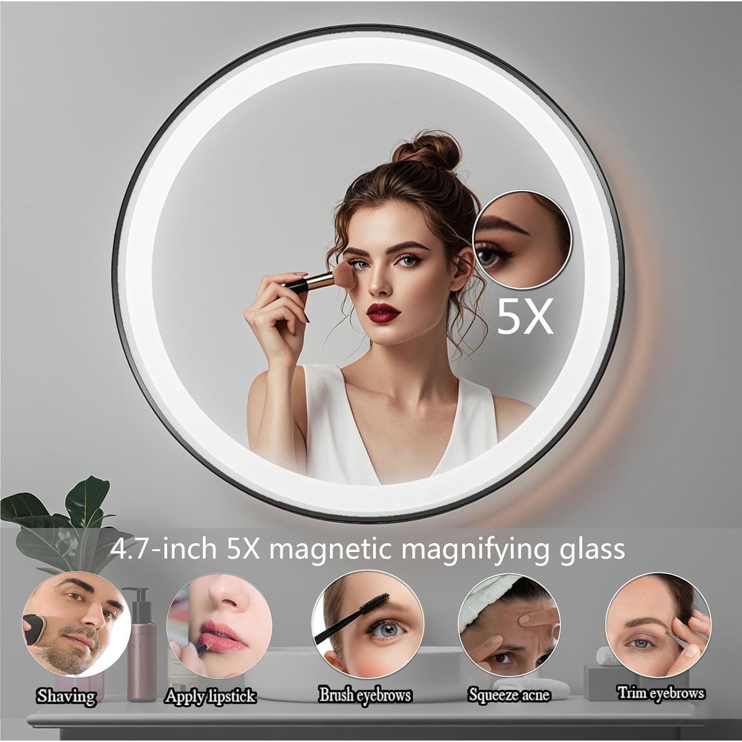 Espejo de Baño LED Redondo 61 cm Msrorriw Negro con Anti-vaho