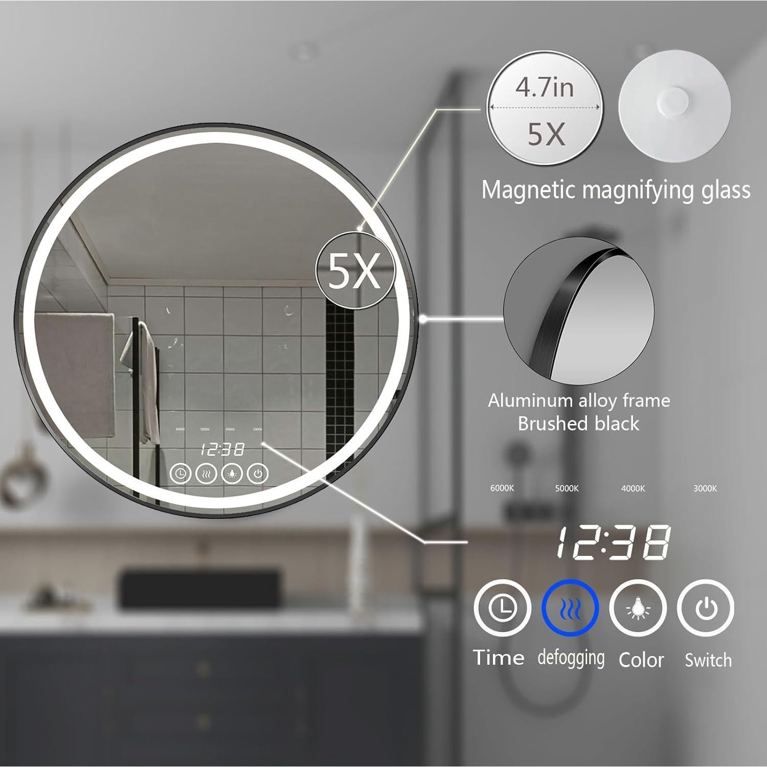 Espejo de Baño LED Redondo 61 cm Msrorriw Negro con Anti-vaho