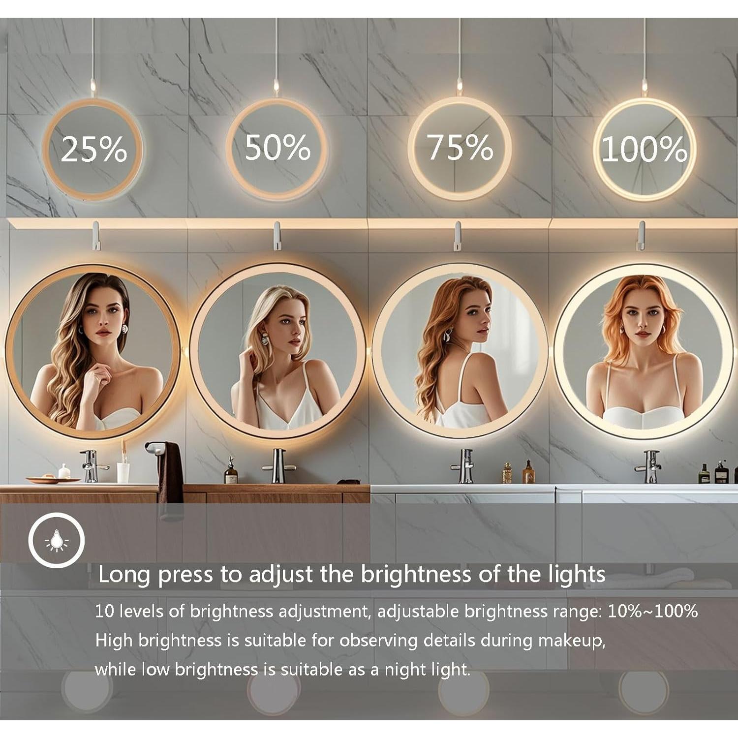 Espejo de Baño LED Redondo 61 cm Msrorriw Negro con Anti-vaho