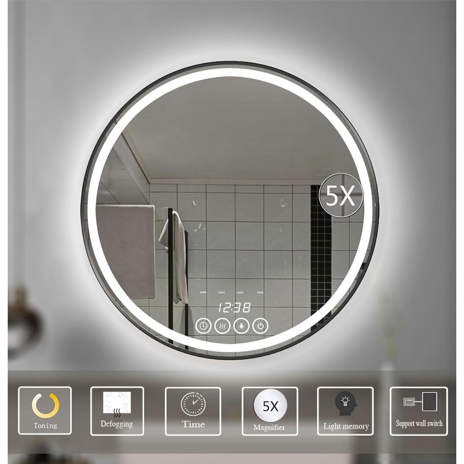 Espejo de Baño LED Redondo 61 cm Msrorriw Negro con Anti-vaho