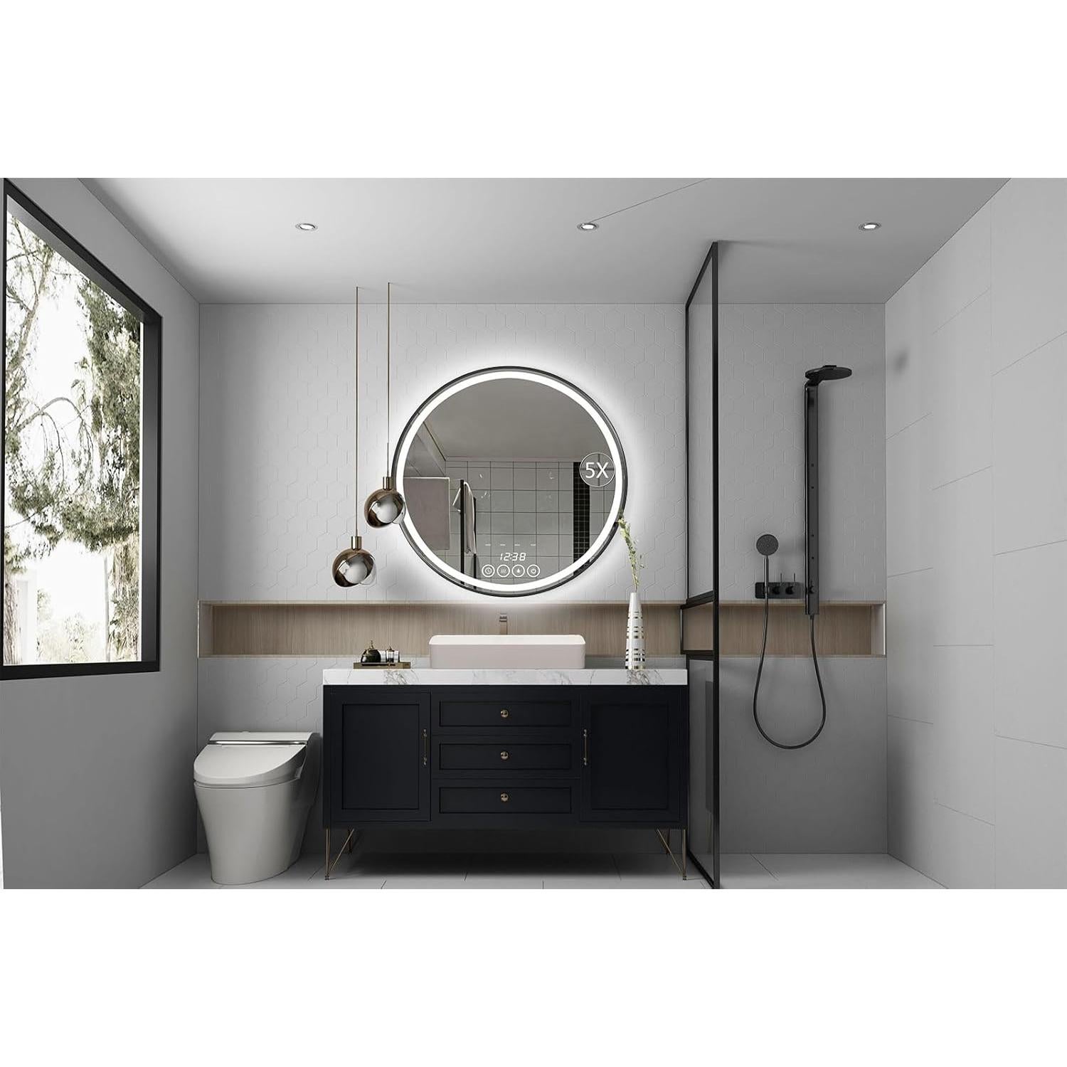 Espejo de Baño LED Redondo 61 cm Msrorriw Negro con Anti-vaho