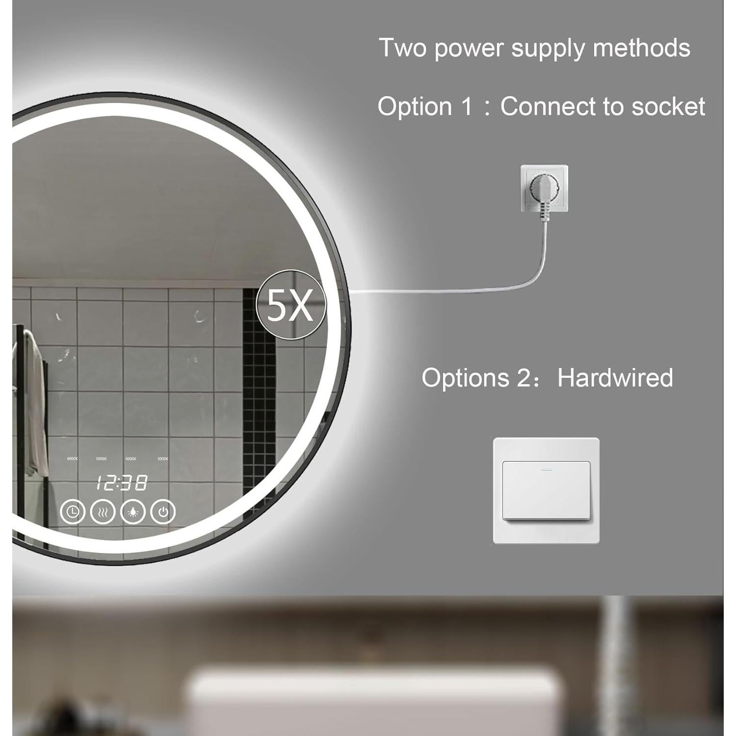 Espejo de Baño LED Redondo 61 cm Msrorriw Negro con Anti-vaho