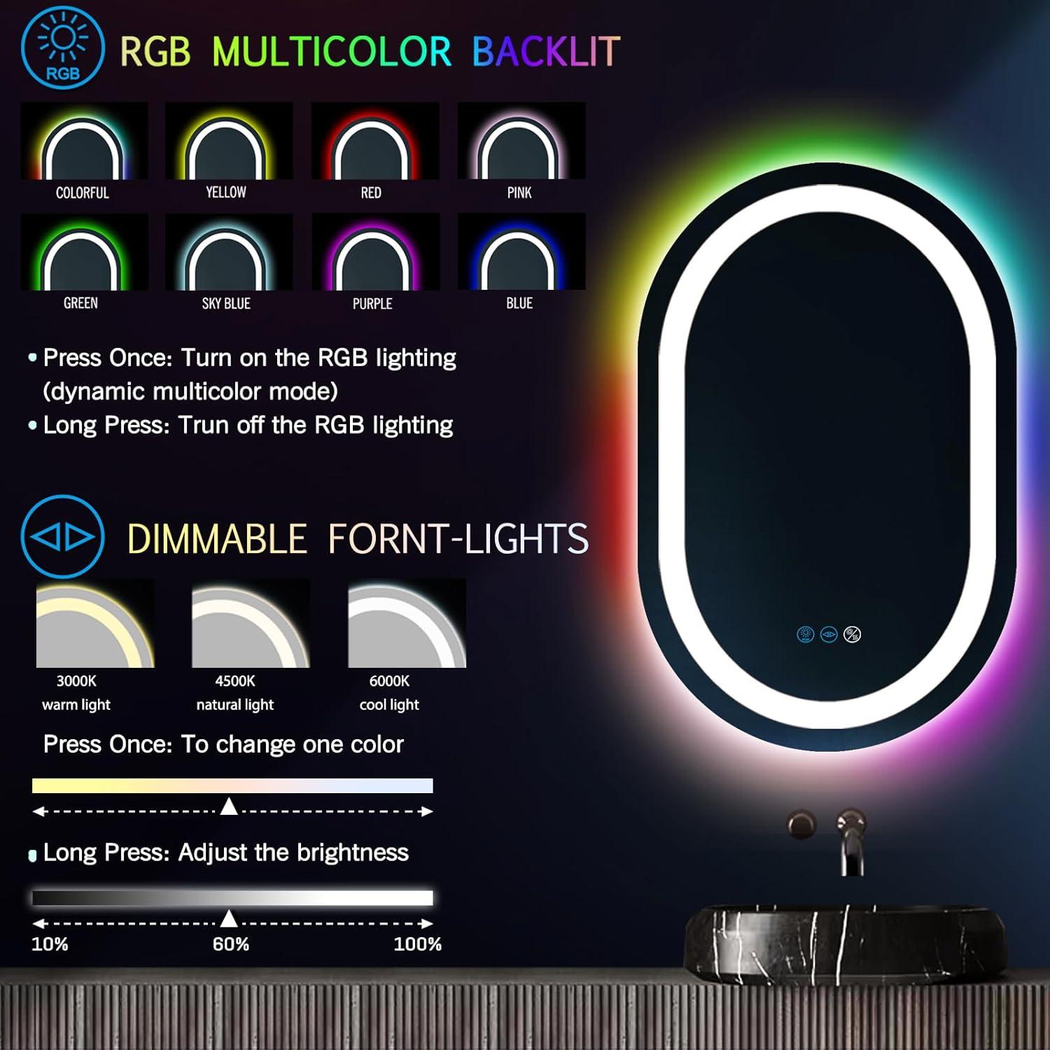 Espejo Ovalado LED THEKLA 32x20 Pulgadas con Luces RGB