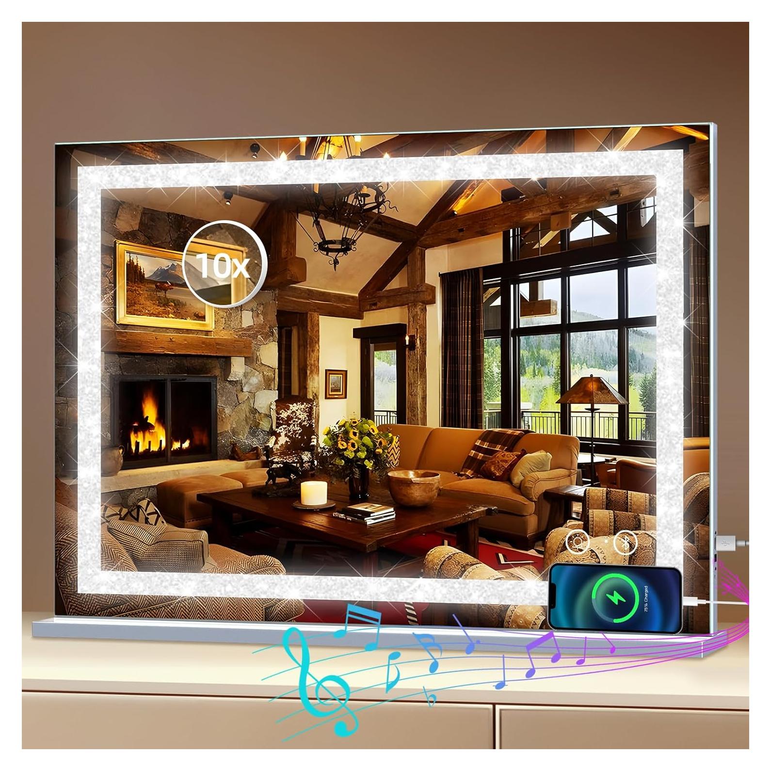 Espejo de Tocador Fenair Blanco con Luces y Altavoz Bluetooth 60x80 cm