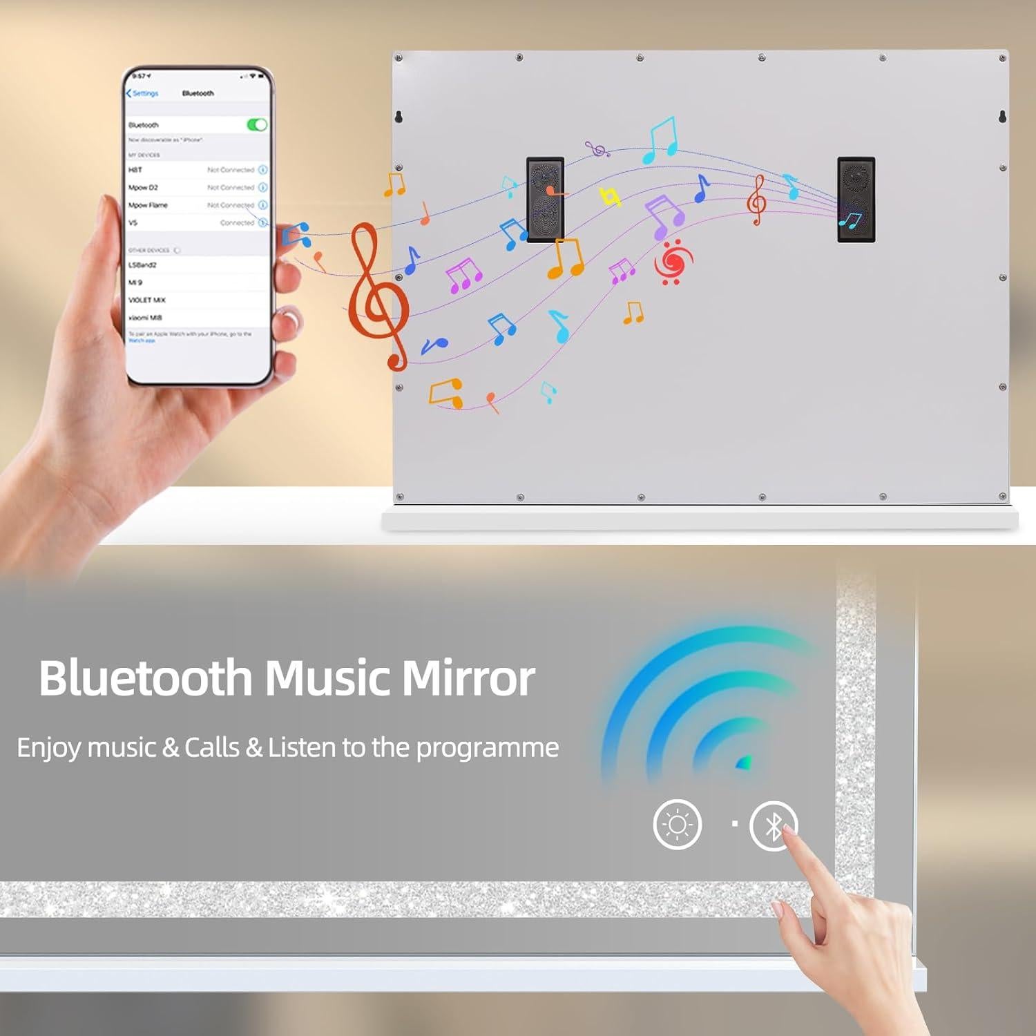 Espejo de Tocador Fenair Blanco con Luces y Altavoz Bluetooth 60x80 cm