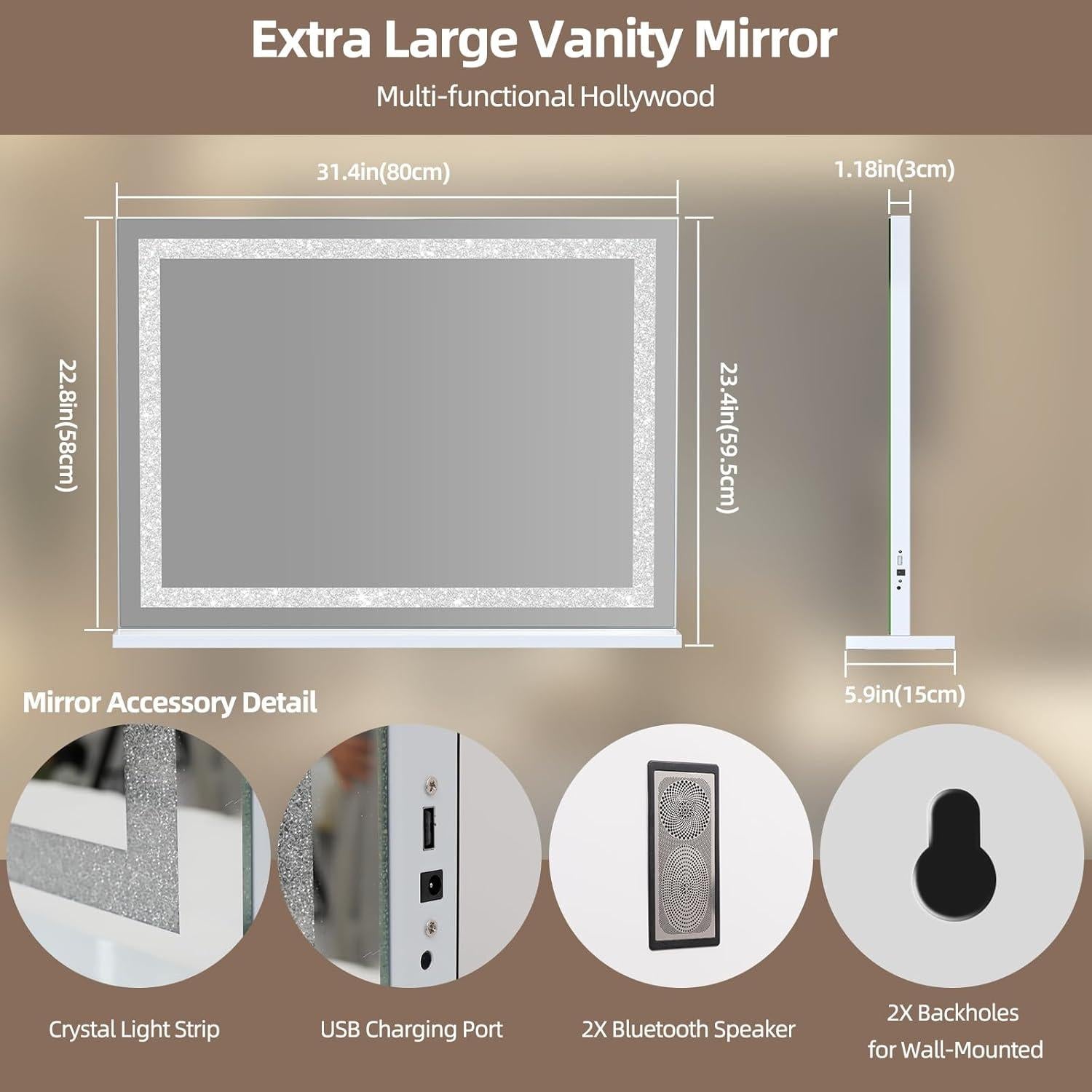 Espejo de Tocador Fenair Blanco con Luces y Altavoz Bluetooth 60x80 cm