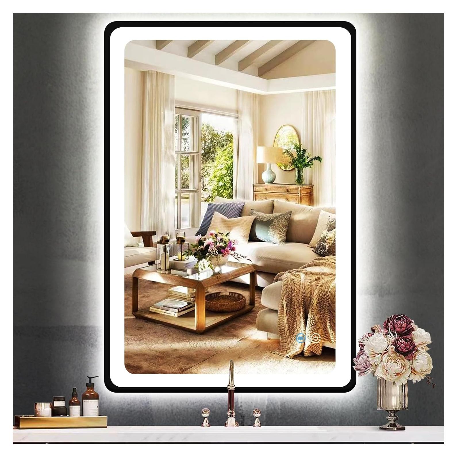 Espejo LED negro MEIOUKA 101.6 x 60.96 cm regulable 3 colores