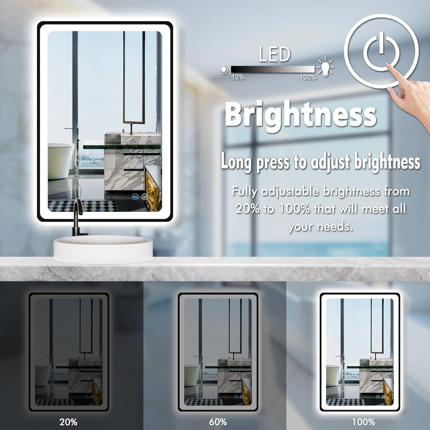 Espejo LED negro MEIOUKA 101.6 x 60.96 cm regulable 3 colores