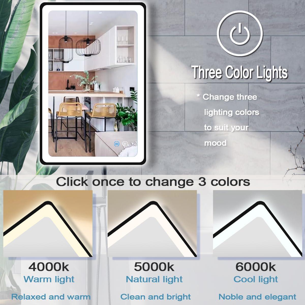 Espejo LED negro MEIOUKA 101.6 x 60.96 cm regulable 3 colores