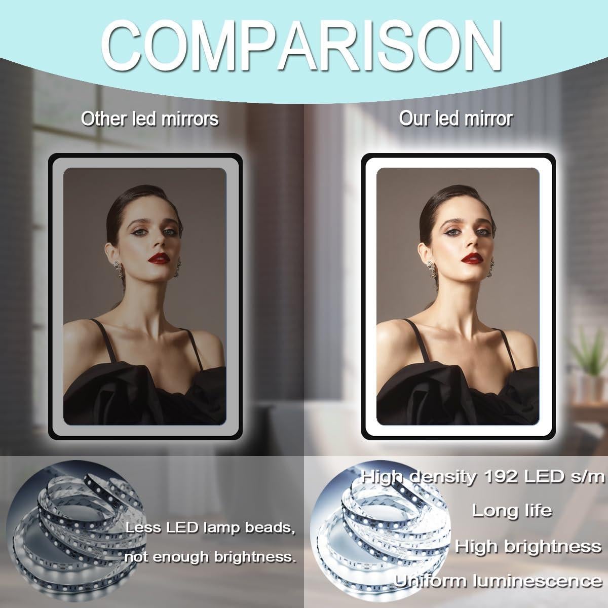 Espejo LED negro MEIOUKA 101.6 x 60.96 cm regulable 3 colores