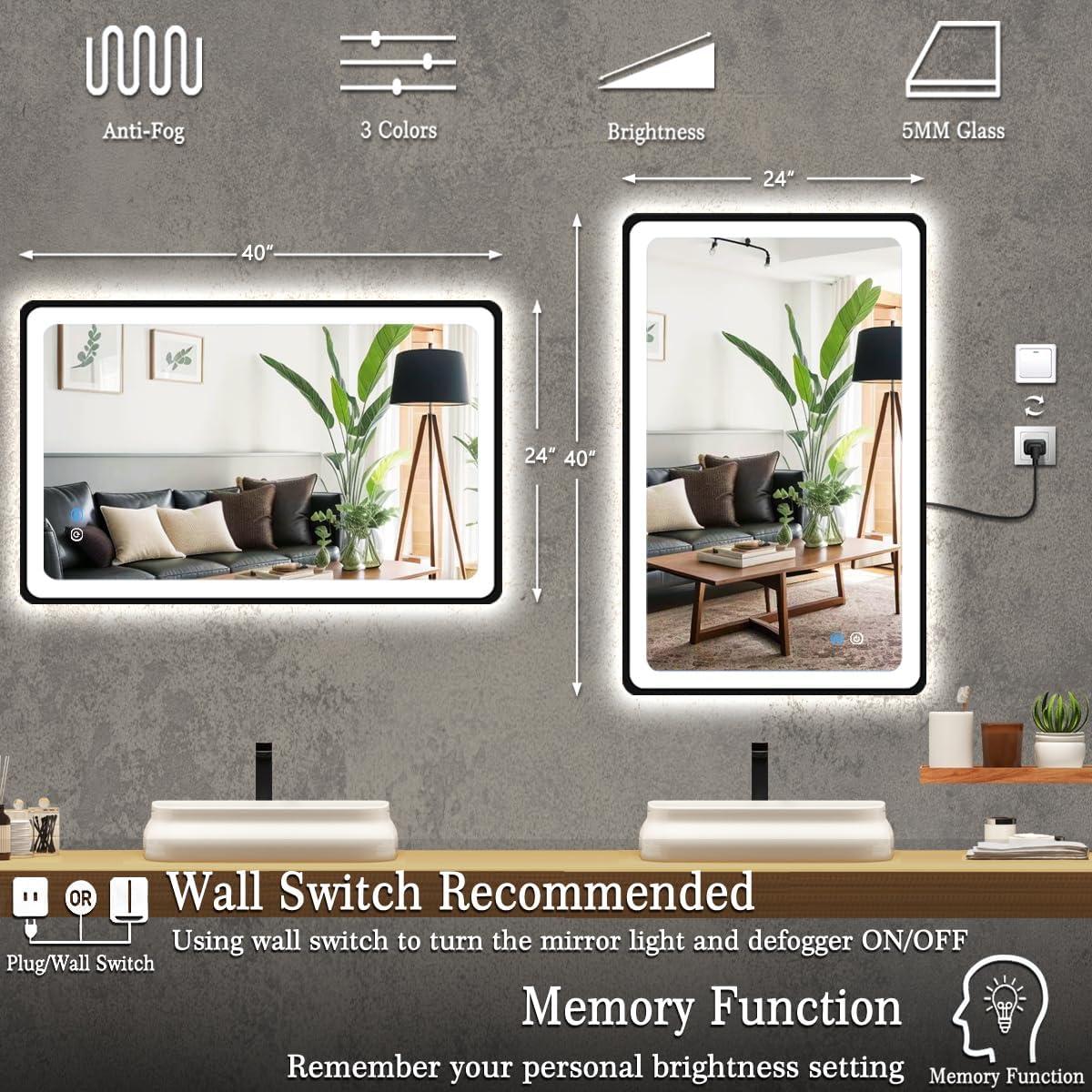 Espejo LED negro MEIOUKA 101.6 x 60.96 cm regulable 3 colores