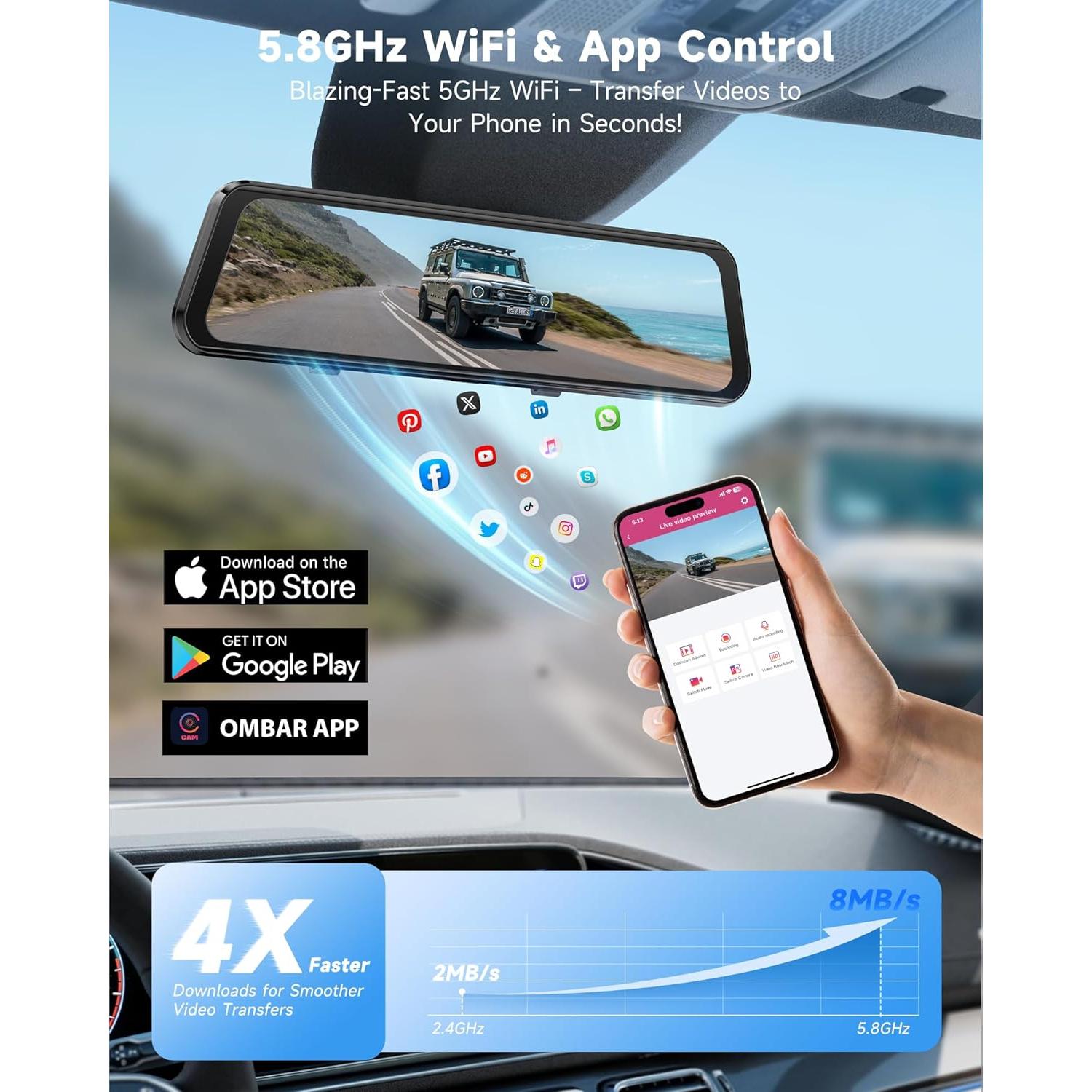 Cámara de Espejo Retrovisor OMBAR N1 4K+2.5K con ADAS y WiFi